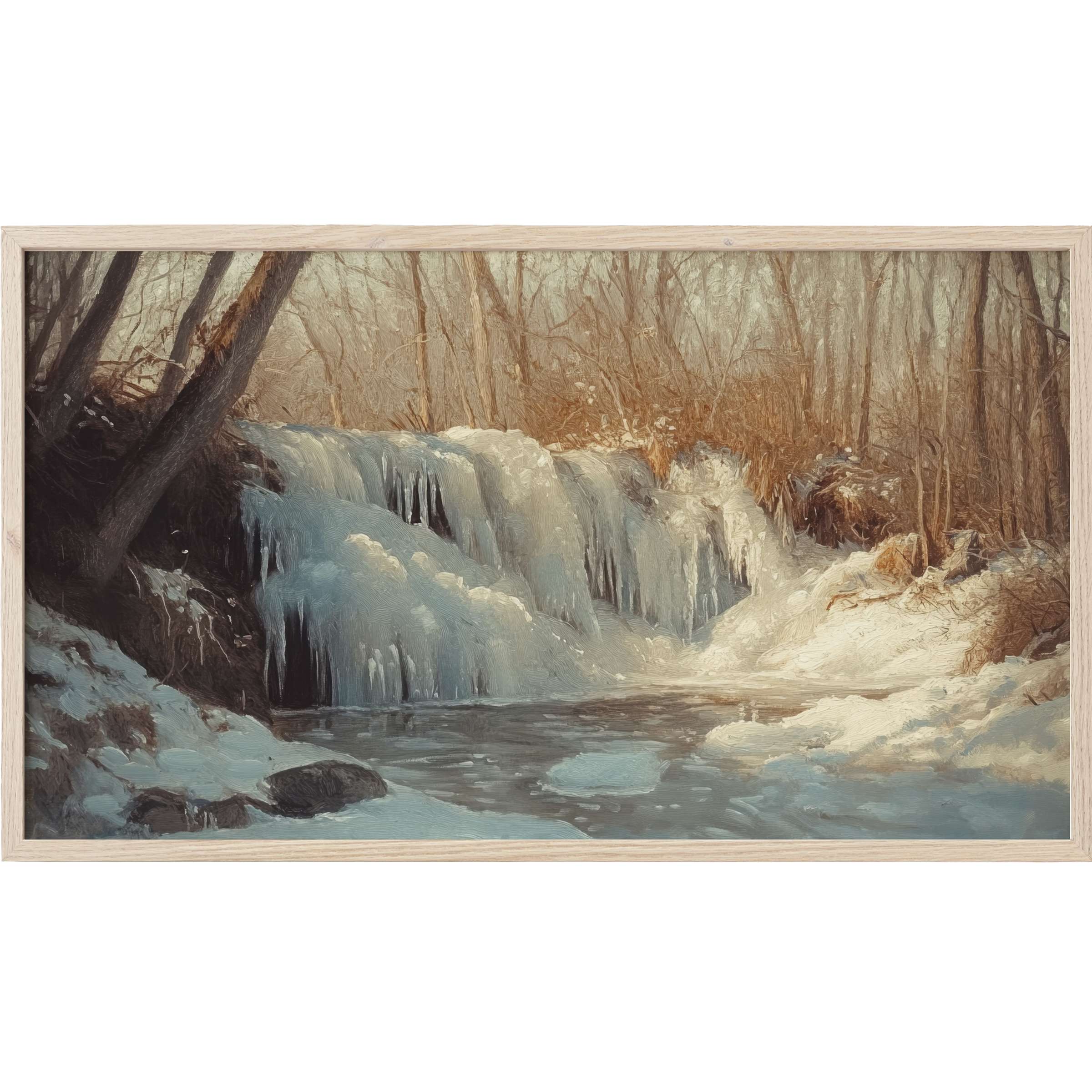 Tranquil frozen waterfall in muted blues and browns, winter Frame TV Art evoking serene, modern elegance