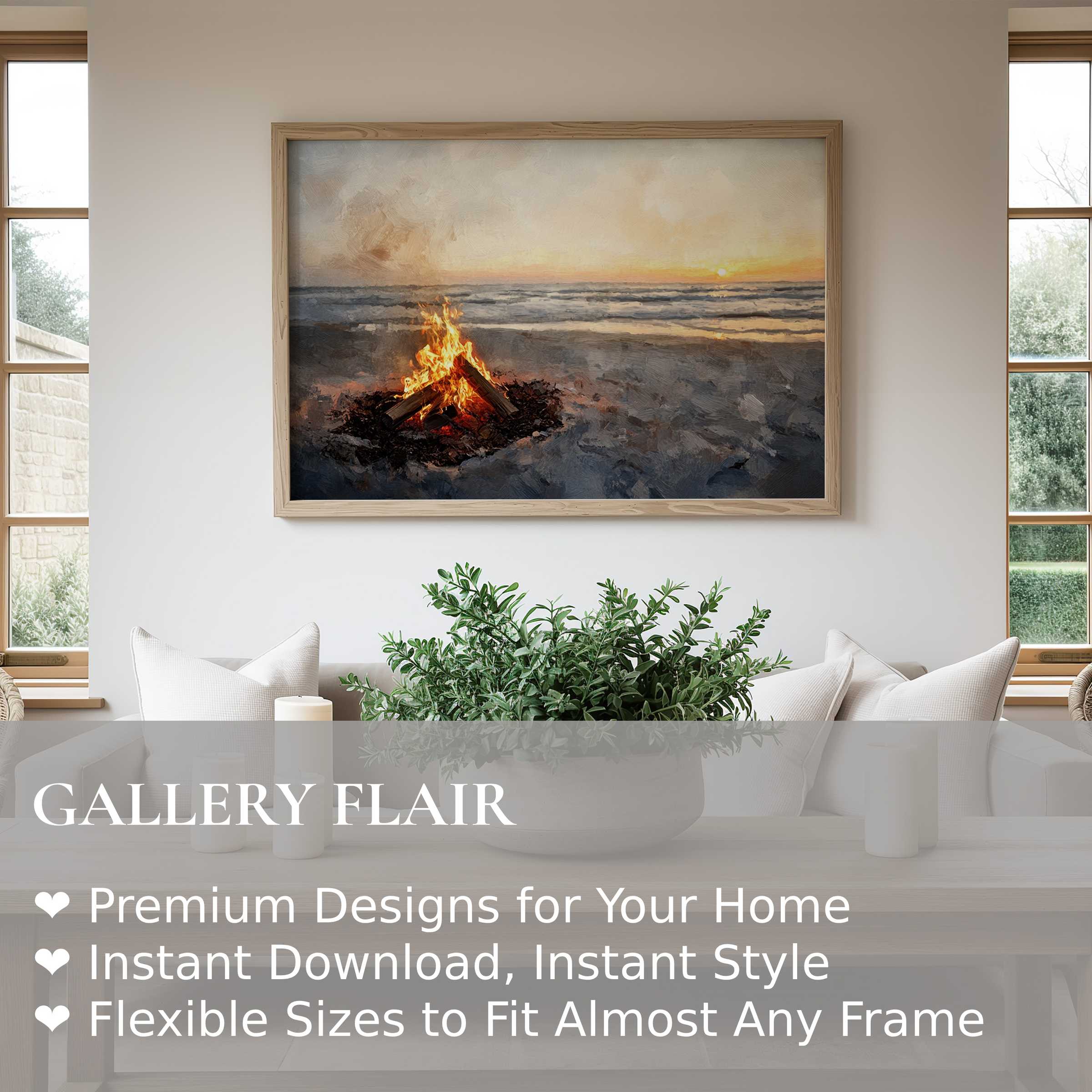 Coastal wall art print featuring a radiant beach bonfire at sunset, adding warm, calming ambiance to modern coastal interiors