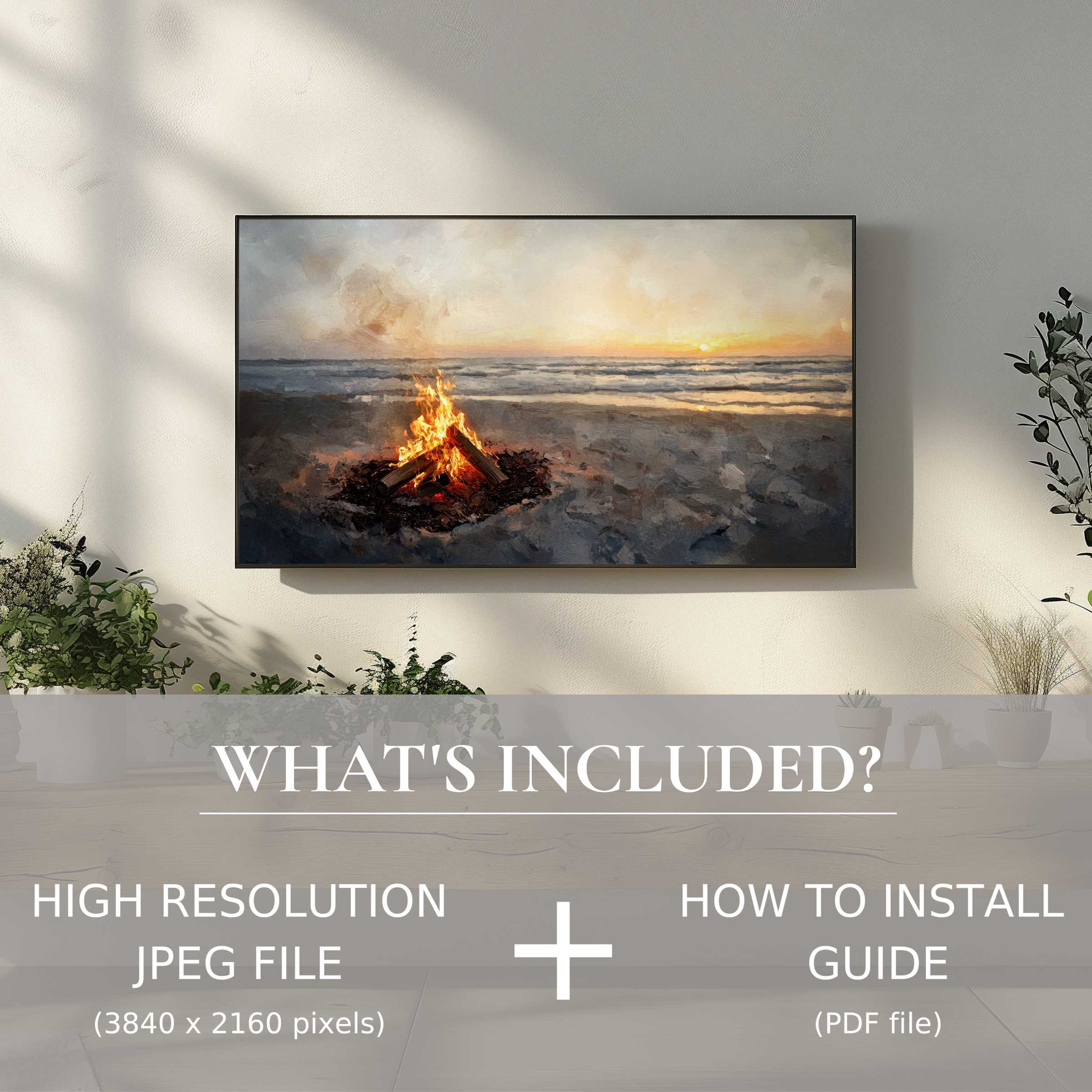 Beach bonfire digital art displayed on Samsung Frame TV with included high-resolution JPEG file and installation guide from Gallery Flair