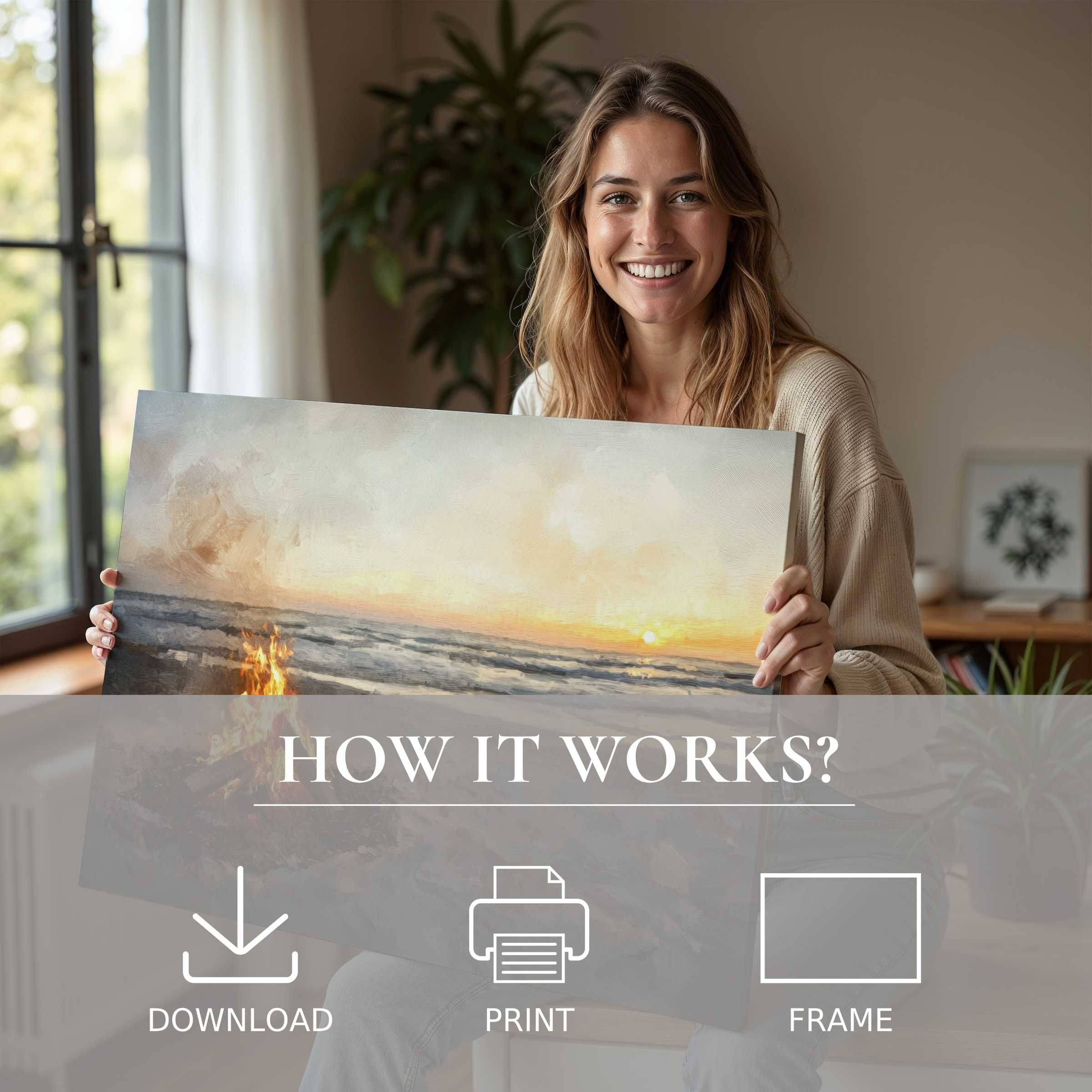 Coastal digital art print capturing a tranquil sunset moment, inspiring joy and effortless elegance in modern living spaces