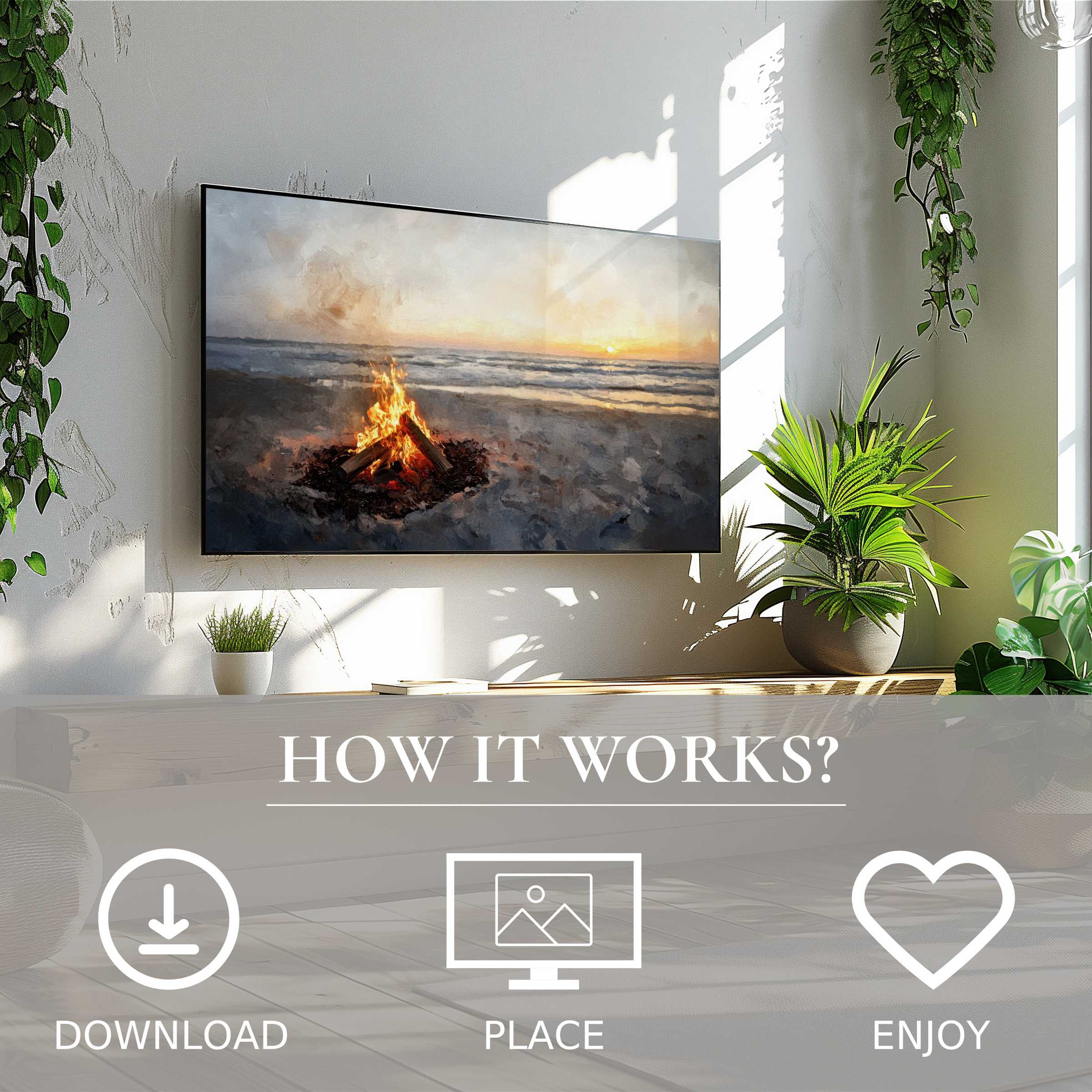 Coastal seagull digital art on Samsung Frame TV, with simple download, placement, and enjoyment process illustrated below