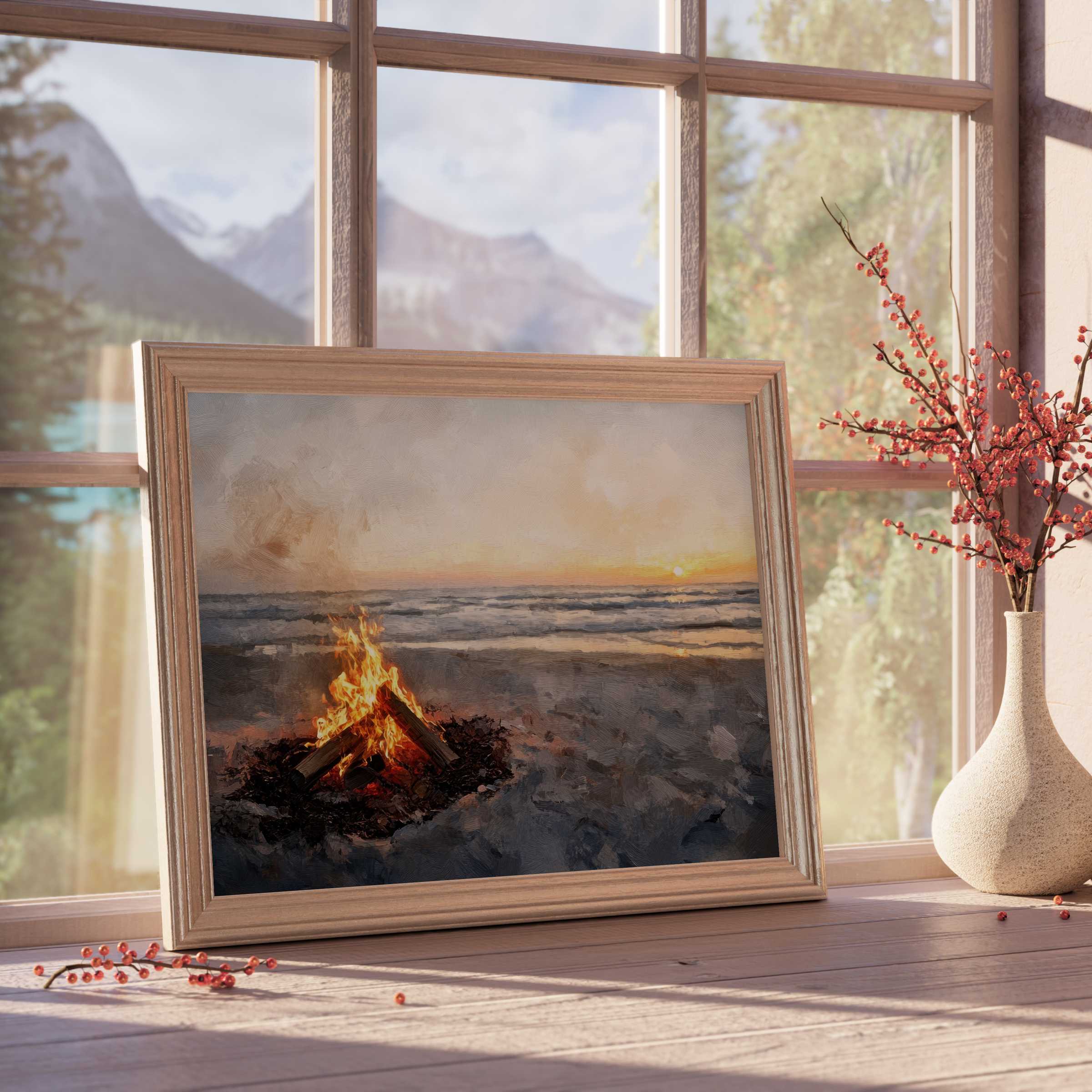 Coastal downloadable art featuring a serene beach bonfire at sunset, enhancing tranquil, refined interiors with warm, natural hues