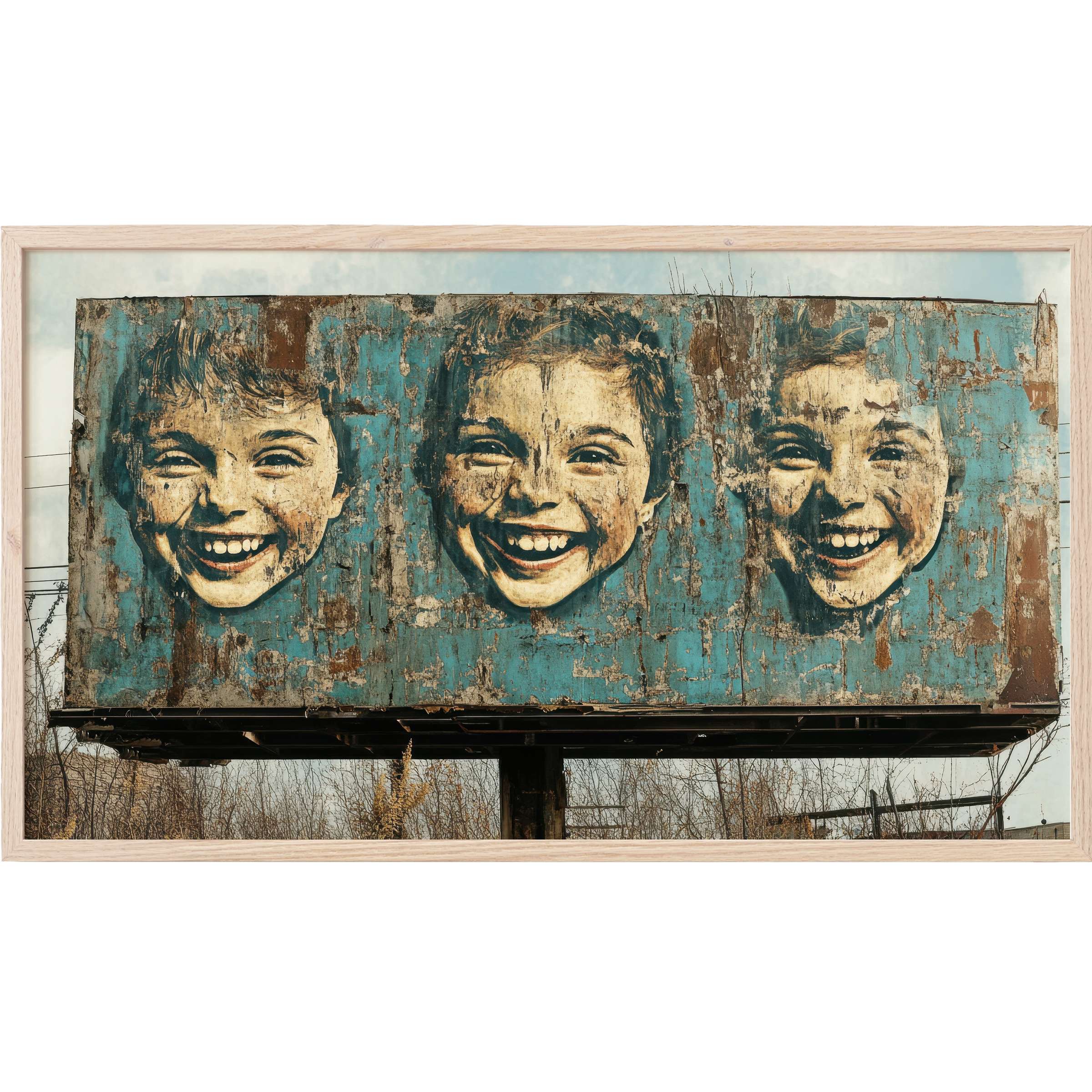 Rustic blue and sepia tones depict joyful child faces on weathered wood in this street art Frame TV Art masterpiece