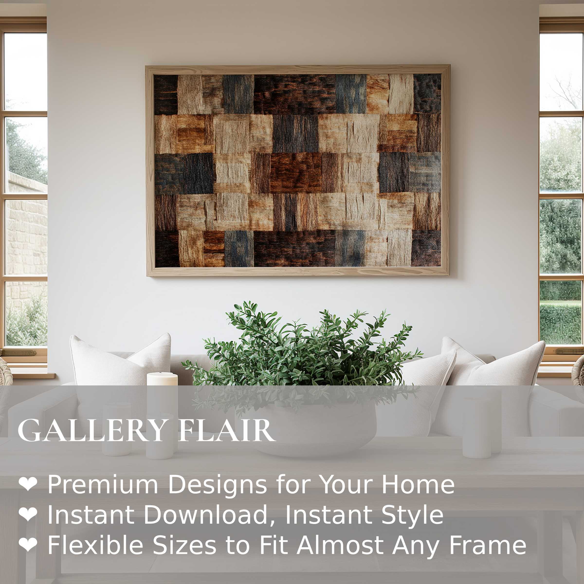 Boho wall art print featuring warm textured wood patchwork, enriching a serene modern living room with natural, earthy elegance and rustic charm