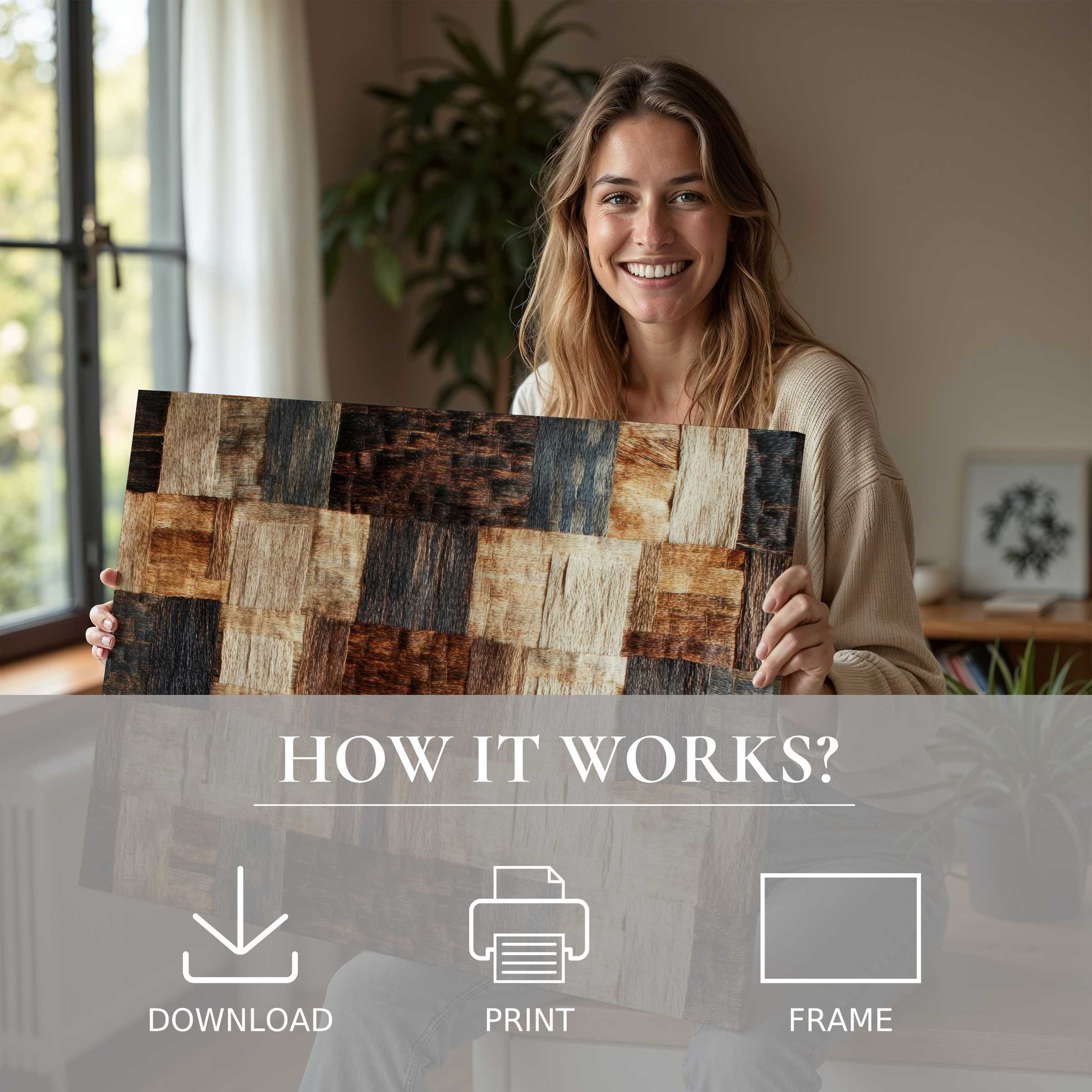 Radiant woman in a serene modern home connecting joyfully with boho digital art print, embodying effortless elegance in living with art