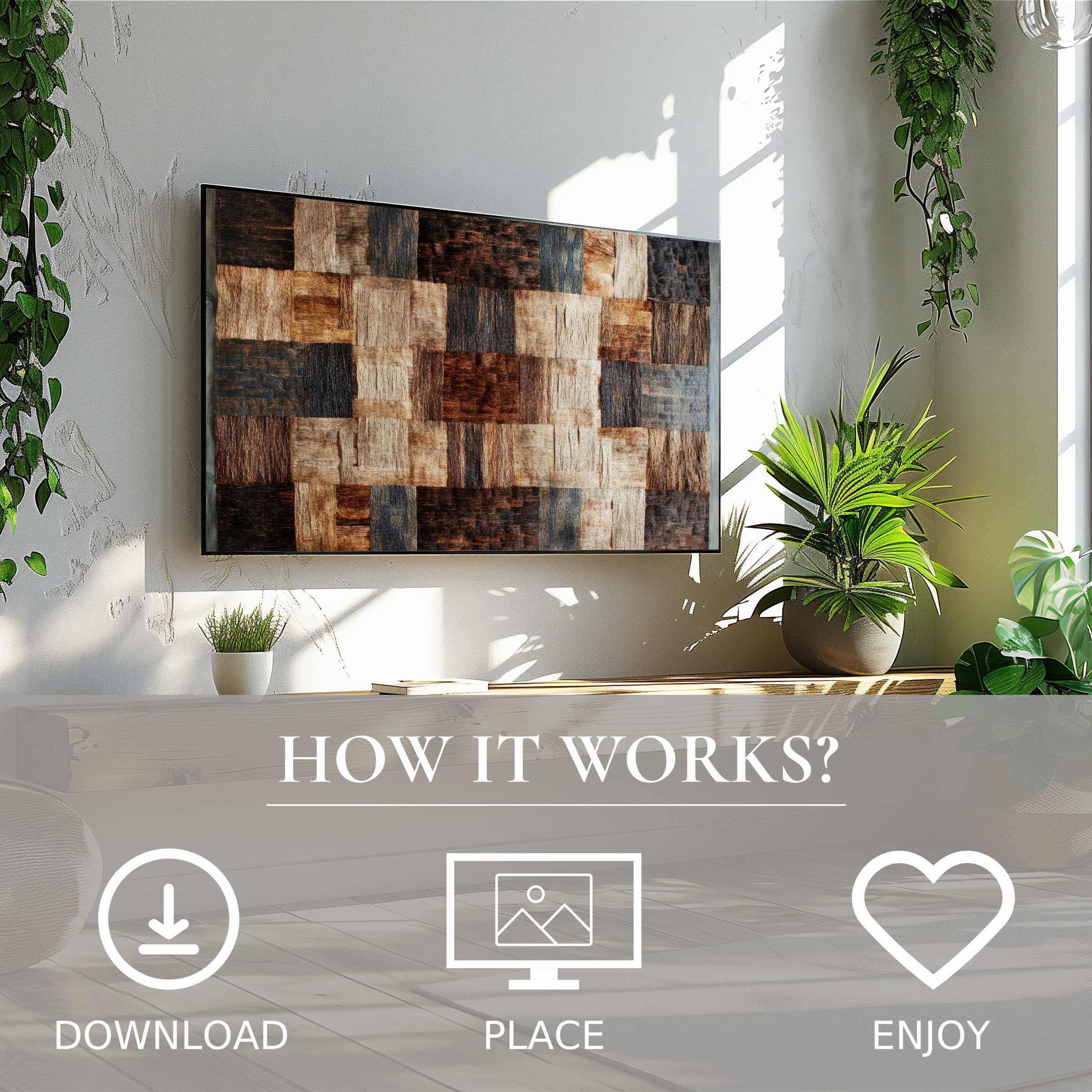 Boho art for Samsung TV featuring warm wood-tone grid motif, easy digital download to enrich modern living spaces
