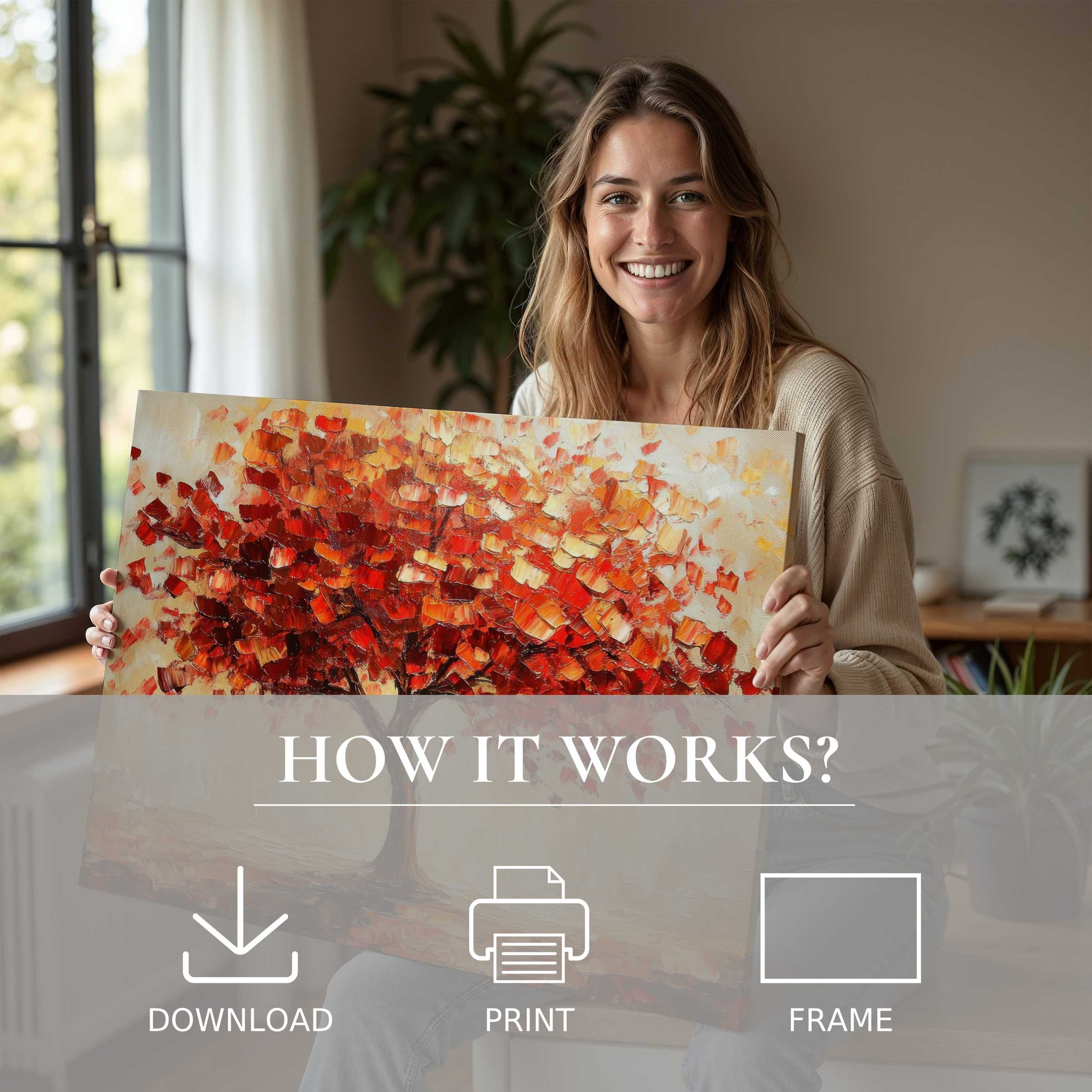 Joyful woman in a sunlit modern home, embracing fall digital art print’s warm hues that elevate serene living spaces