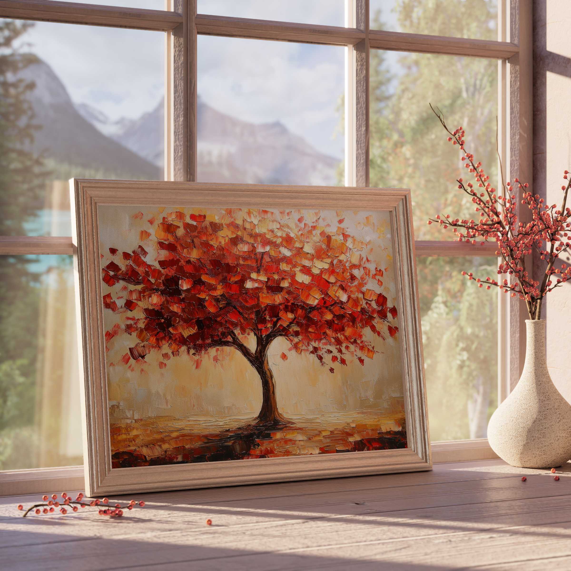 Fall downloadable art featuring an elegant crimson tree painting, enriching serene spaces with warm, curated autumn vibes