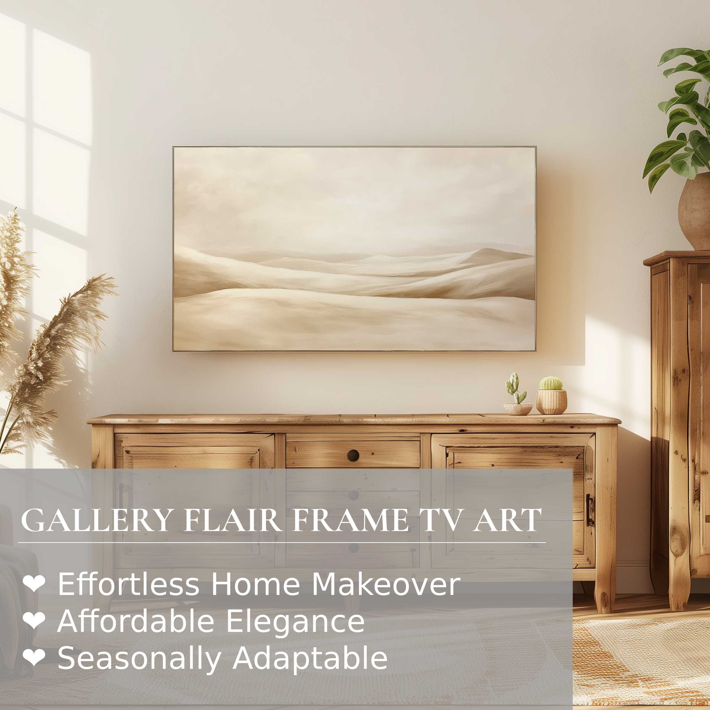 Samsung Frame TV with serene, neutral digital artwork in a warm, natural wood setting for refined home decor