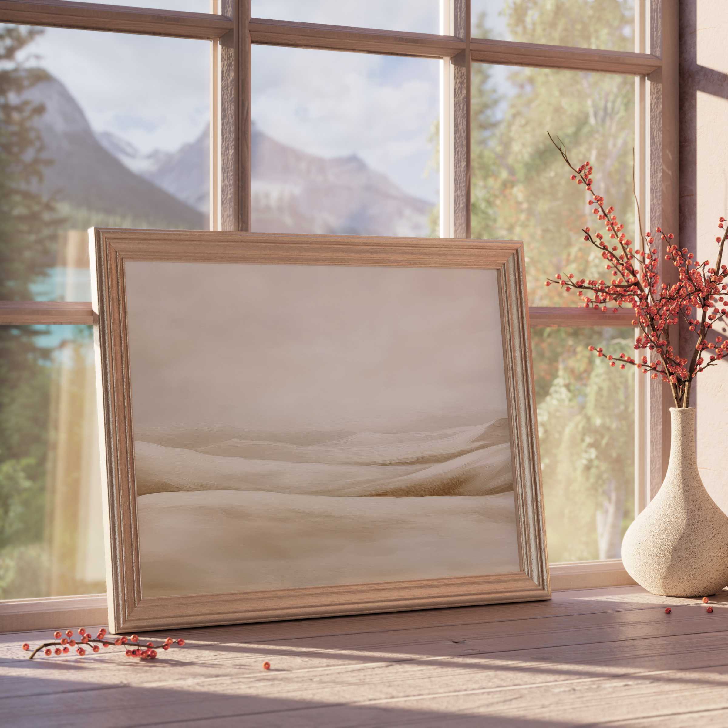 Neutral downloadable art capturing serene sand dunes in soft beige tones, perfect for elevating tranquil, curated interiors