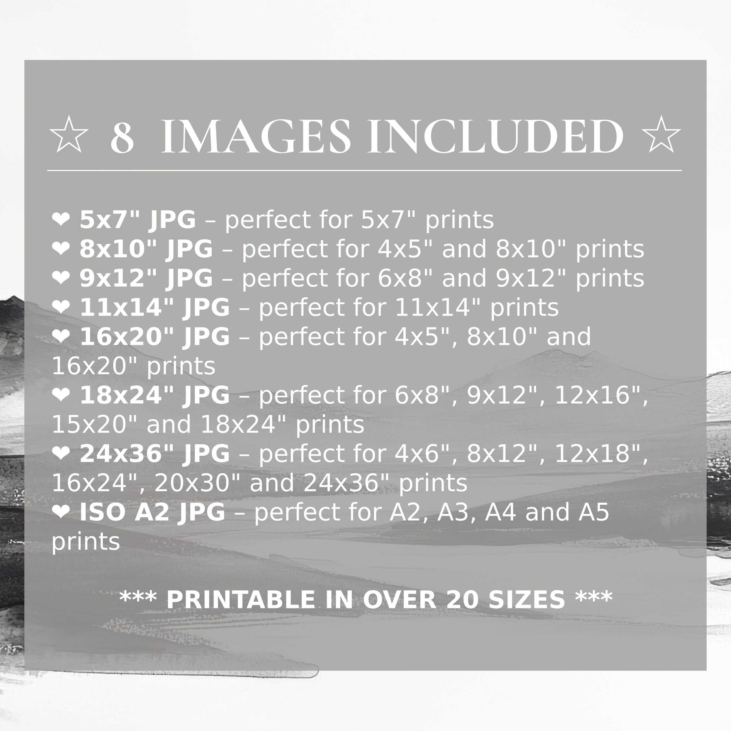 Sophisticated black and white digital print radiating calm and elegance, includes 8 high-quality sizes for versatile modern interiors