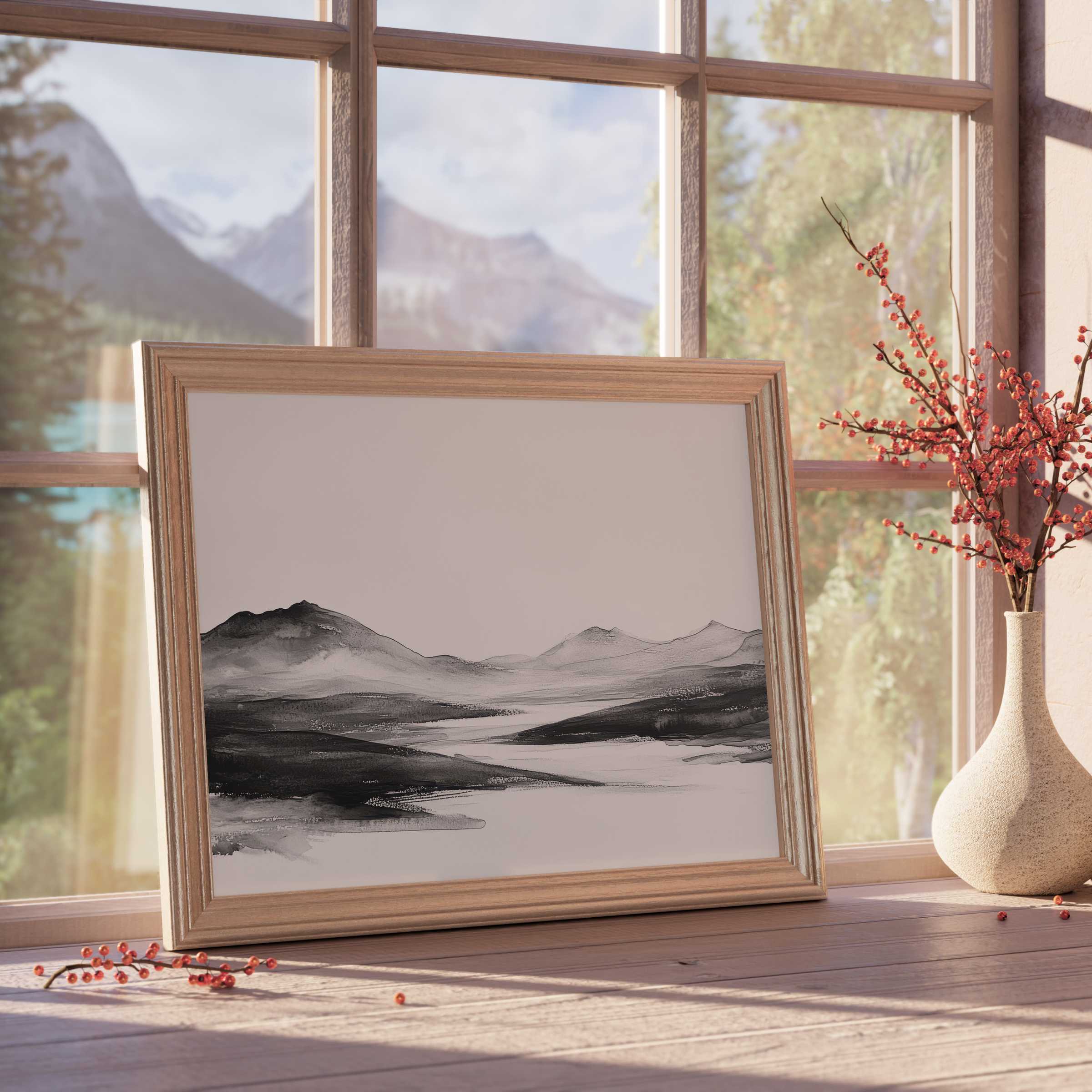 Serene black and white downloadable art capturing tranquil mountain landscapes, perfect for elevating elegant, design-forward interiors