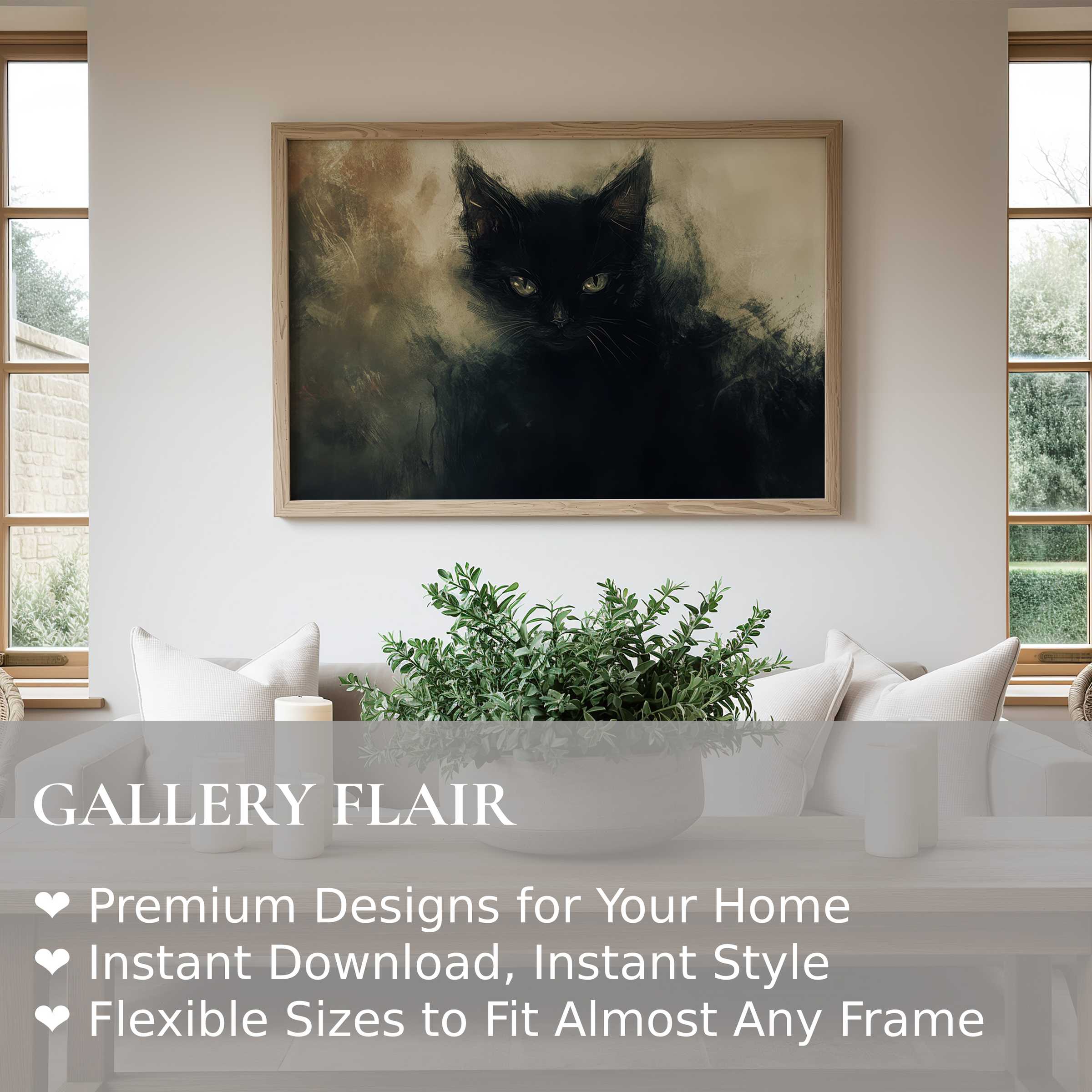 Ethereal halloween wall art print of a mysterious black cat blending into smoky shadows, elevating modern minimalist interiors with moody elegance and seasonal charm