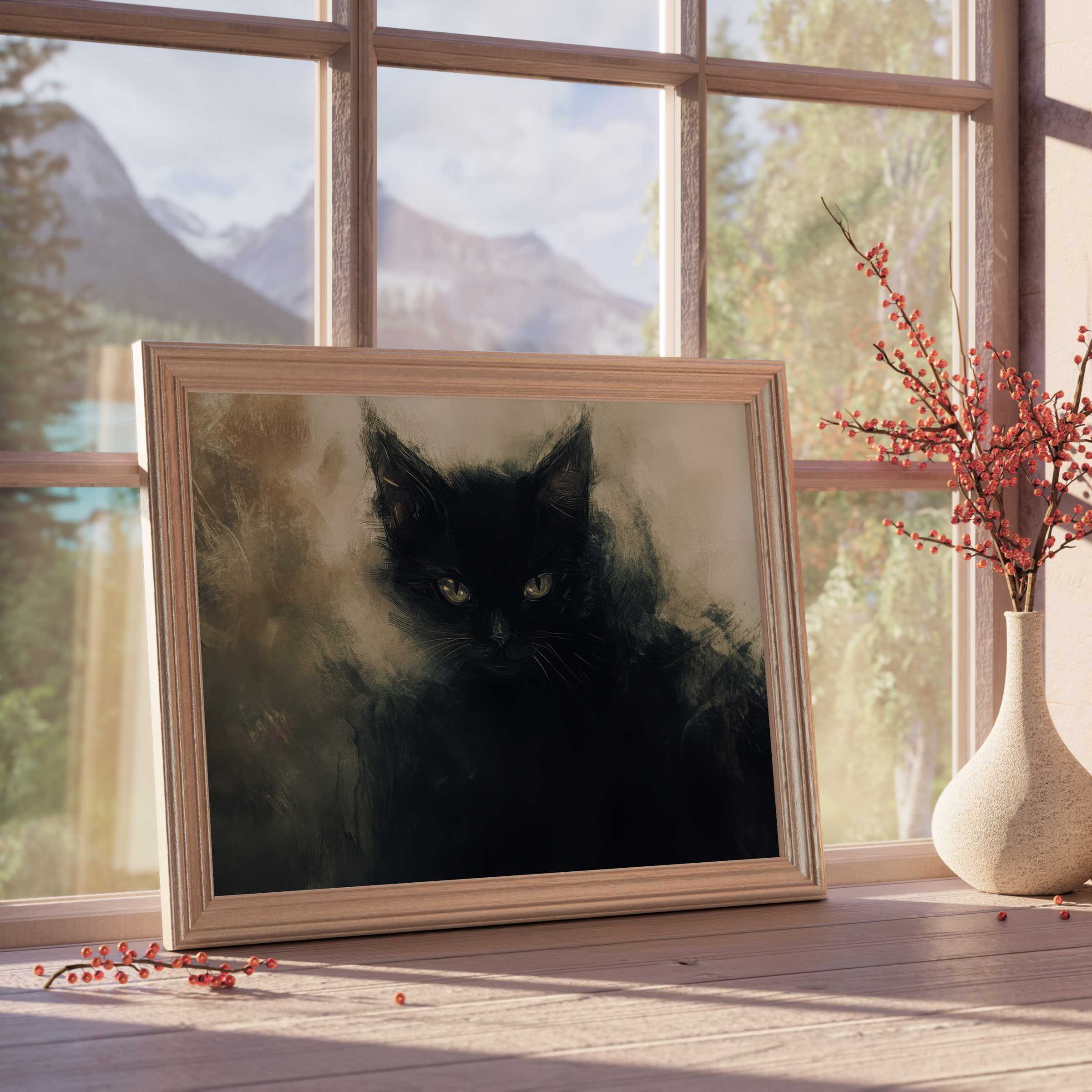 Halloween downloadable art featuring a mysterious black cat portrait, enhancing curated, tranquil interiors with moody elegance