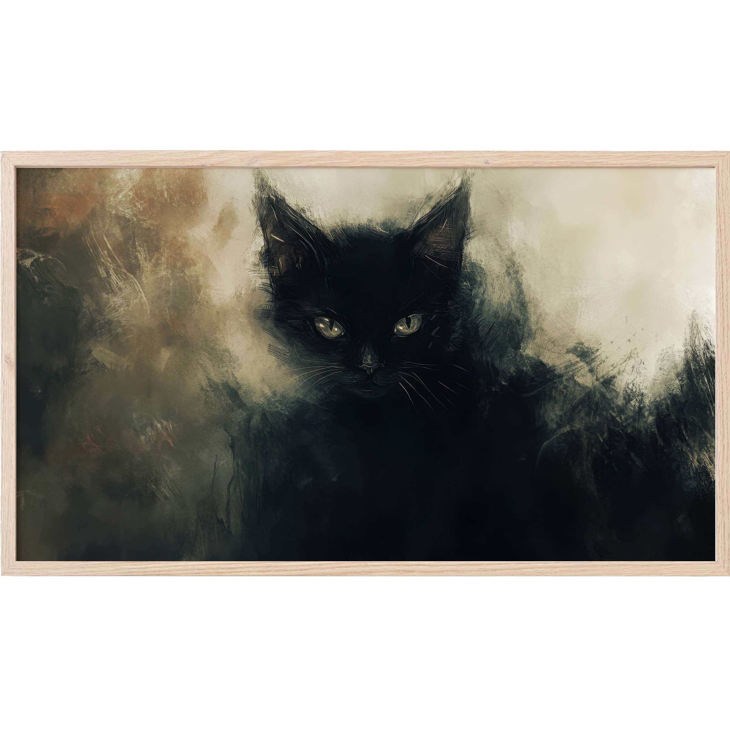 Mystic black cat with glowing eyes in smoky grays and browns, a haunting halloween Frame TV Art for modern decor