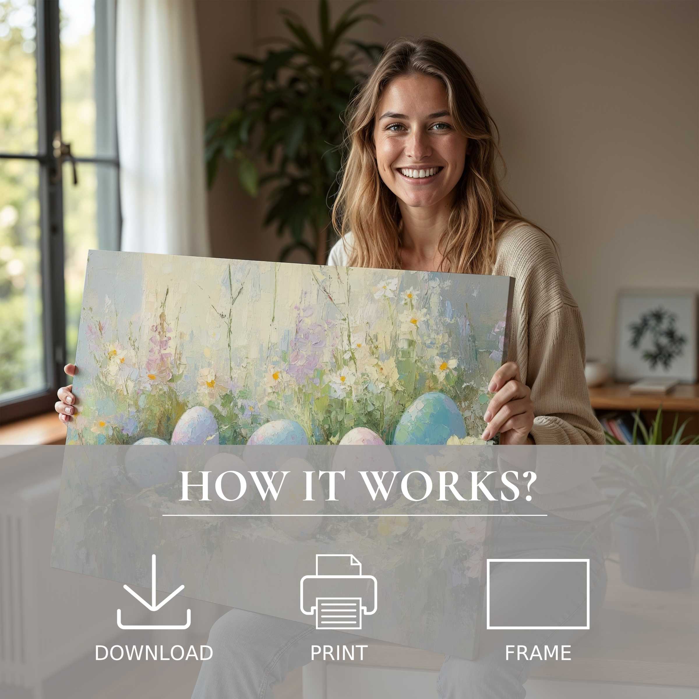 A woman in a sunlit modern home radiates joy holding an easter digital art print, embodying the serene ease of elevating space with art