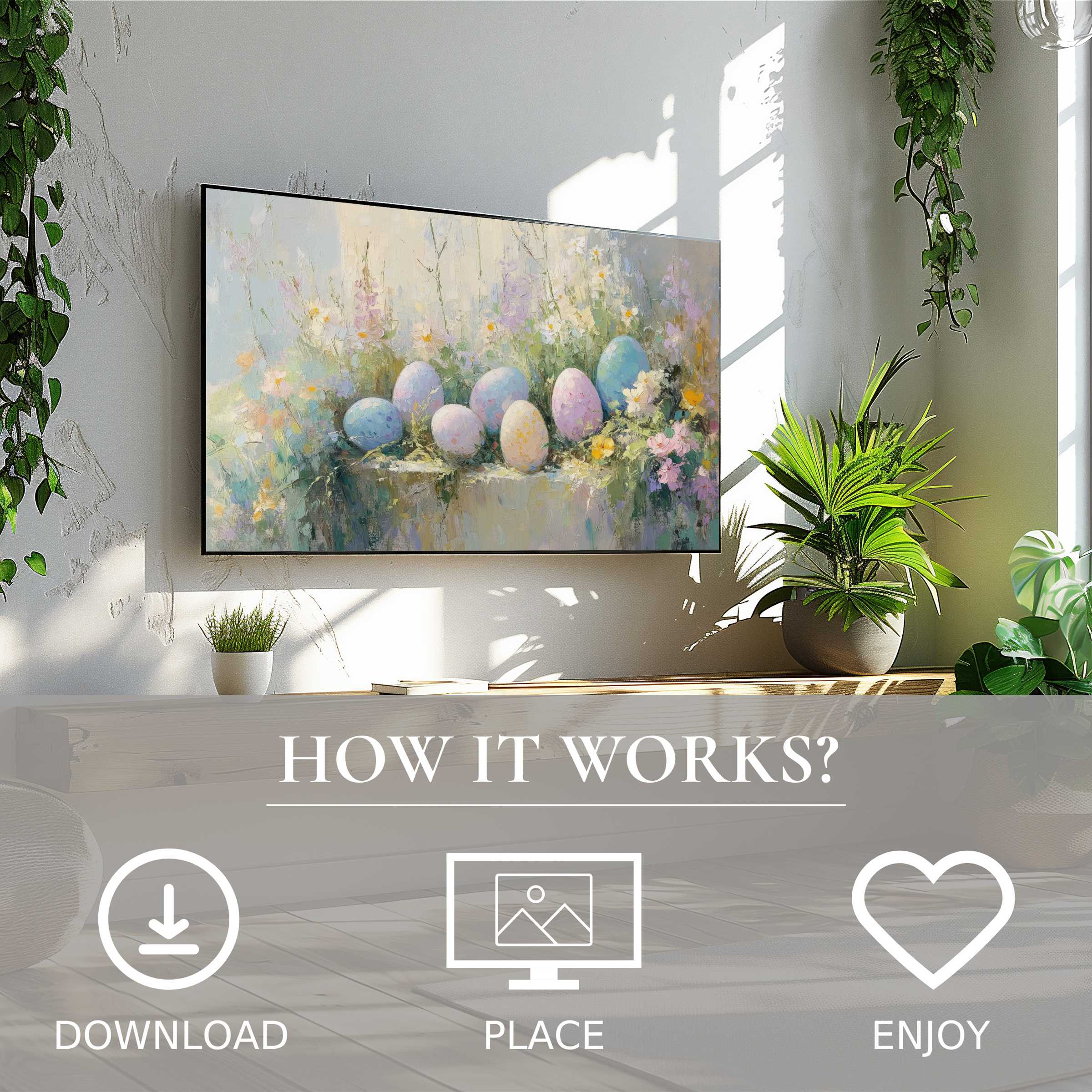 Easter art for Samsung TV with pastel egg motif, easy digital download enriches bright, plant-filled modern living spaces
