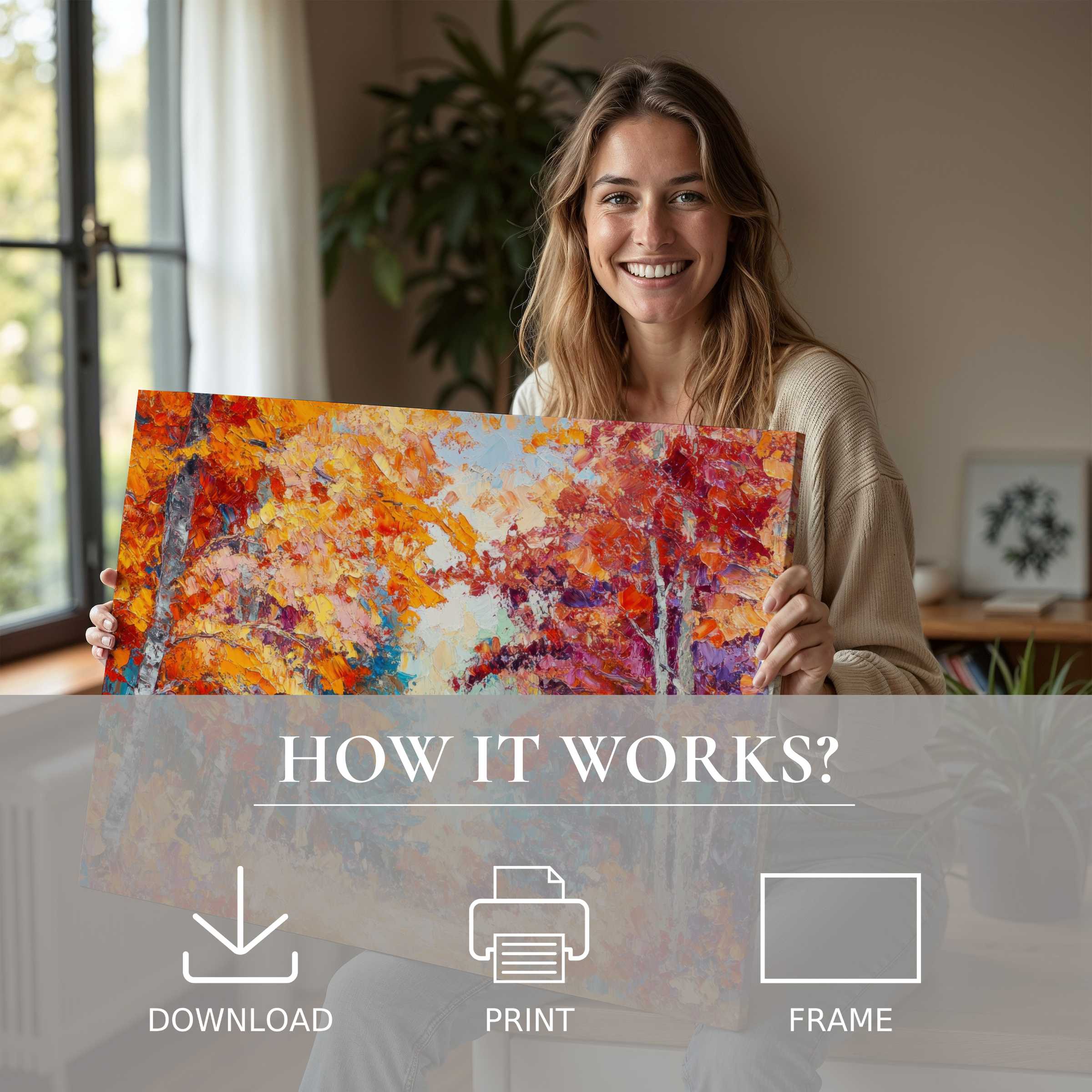 Joy radiates in a sunlit modern home as vibrant tree digital art print transforms space with effortless elegance and warmth