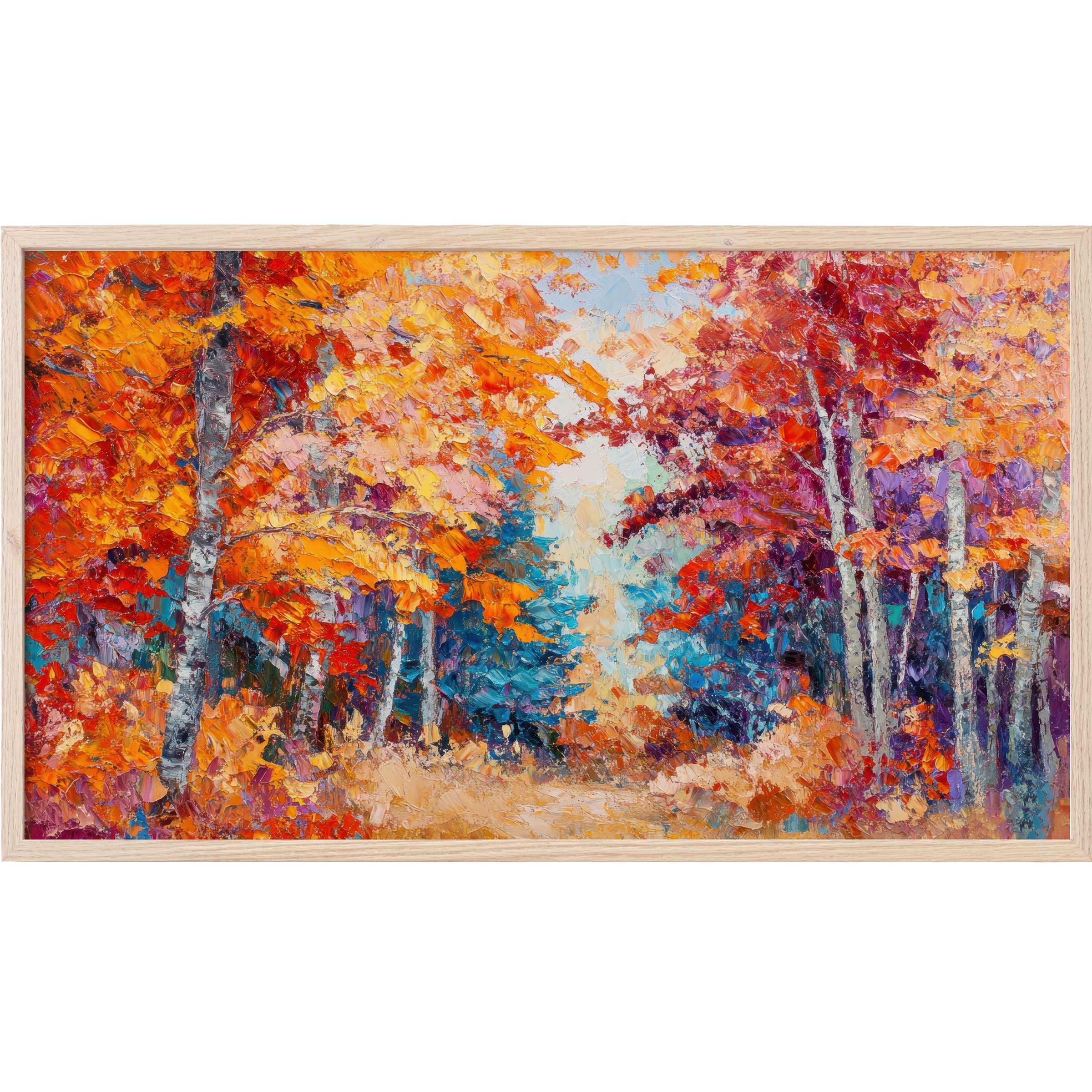 Vibrant autumn forest scene in bold orange, red, purple tones with textured brushstrokes, perfect tree Frame TV Art