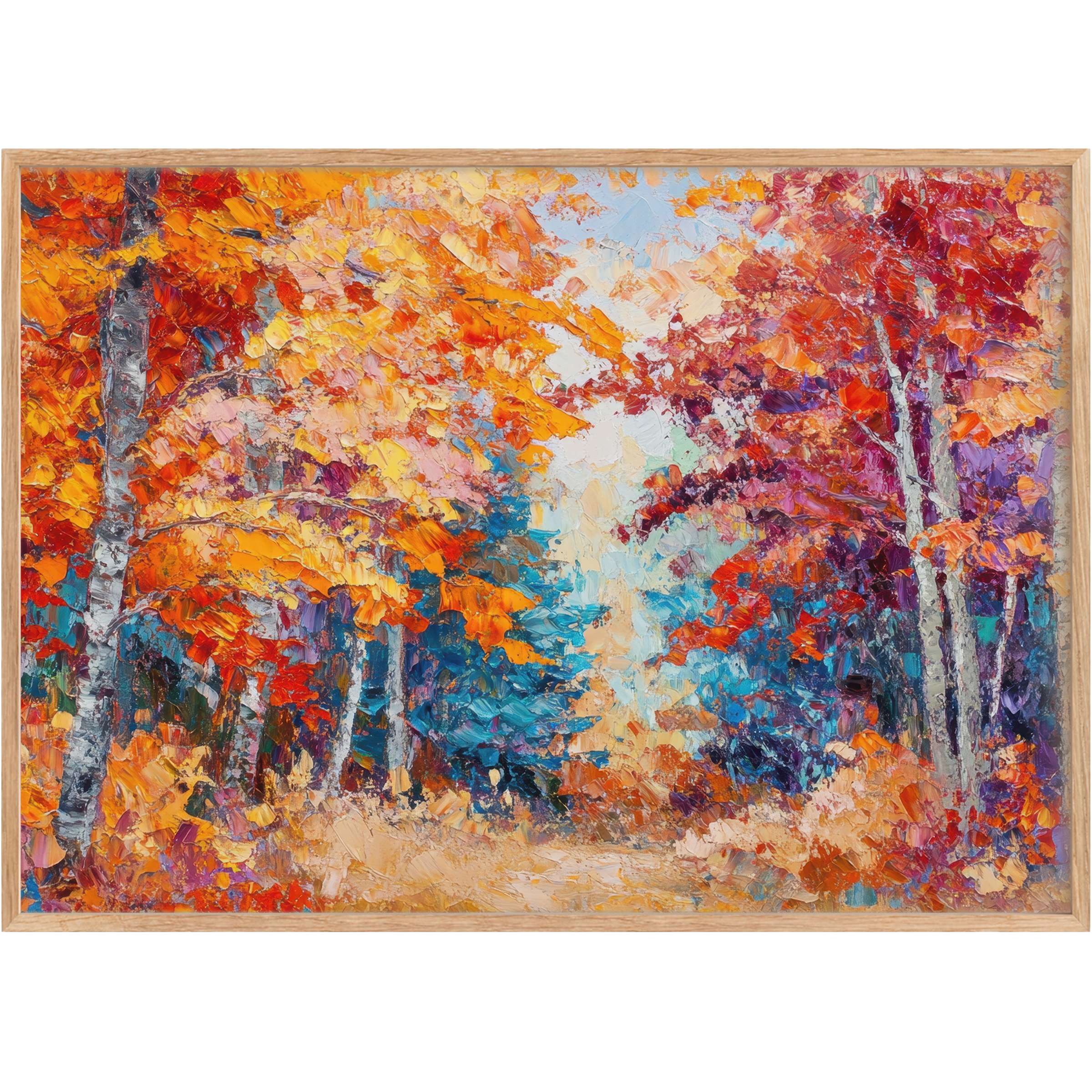 Vibrant tree printable wall art bursting with fiery oranges, deep purples, and serene blues, creating a radiant, inviting autumnal escape