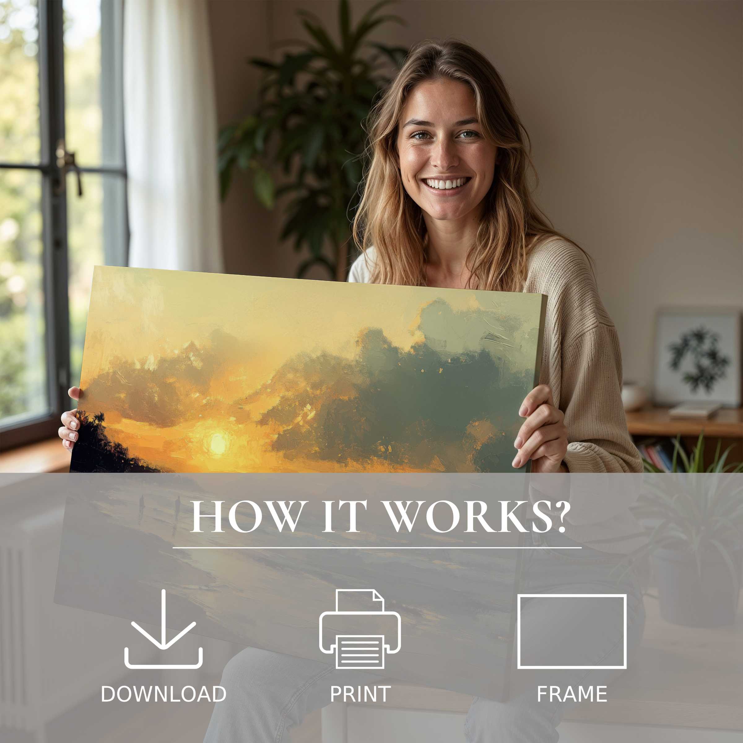 Joyful woman in a sunlit modern home, embracing a serene summer digital art print that transforms living spaces effortlessly