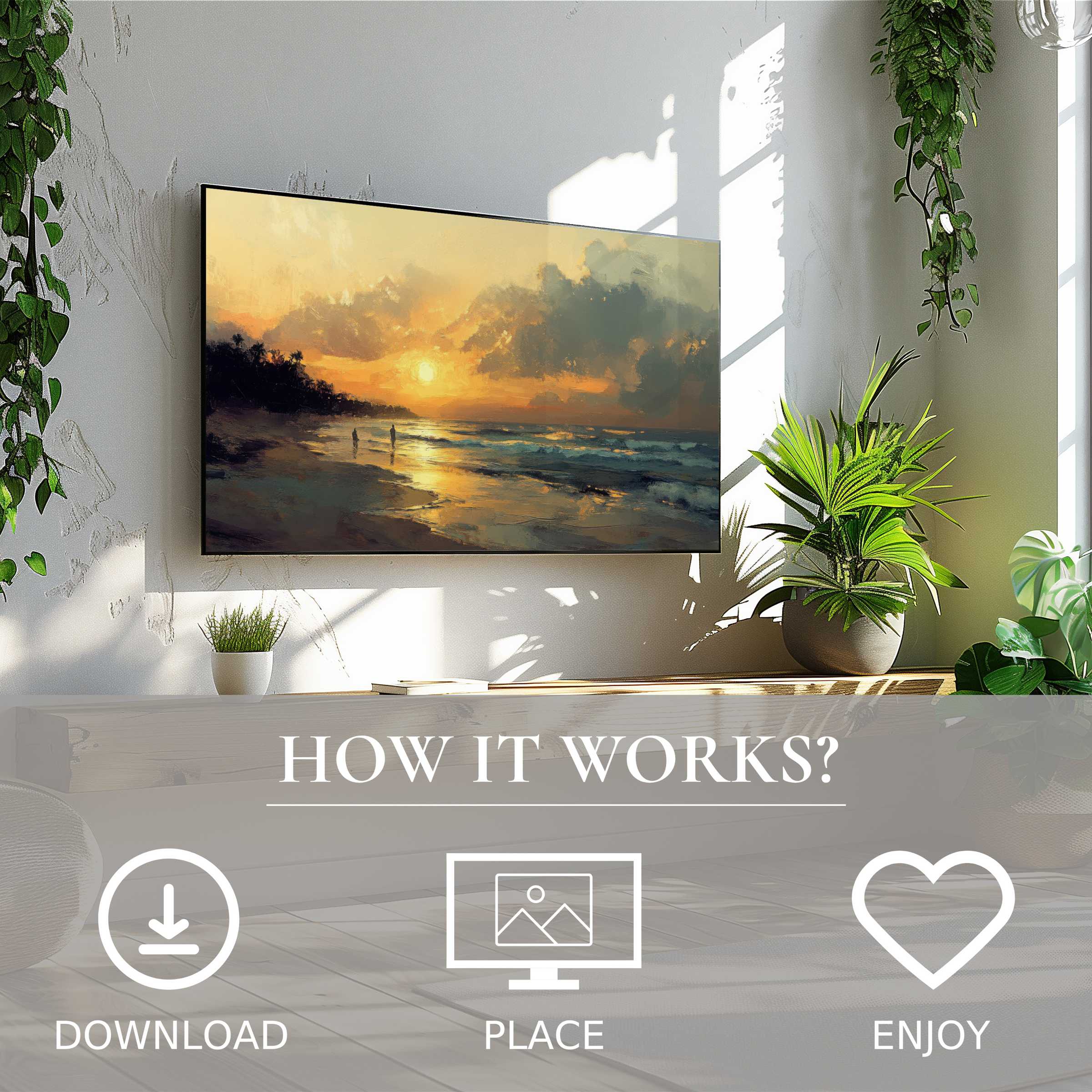 Summer art for Samsung TV: soft sunset tones enhance a modern room, easy digital download enriches your living space
