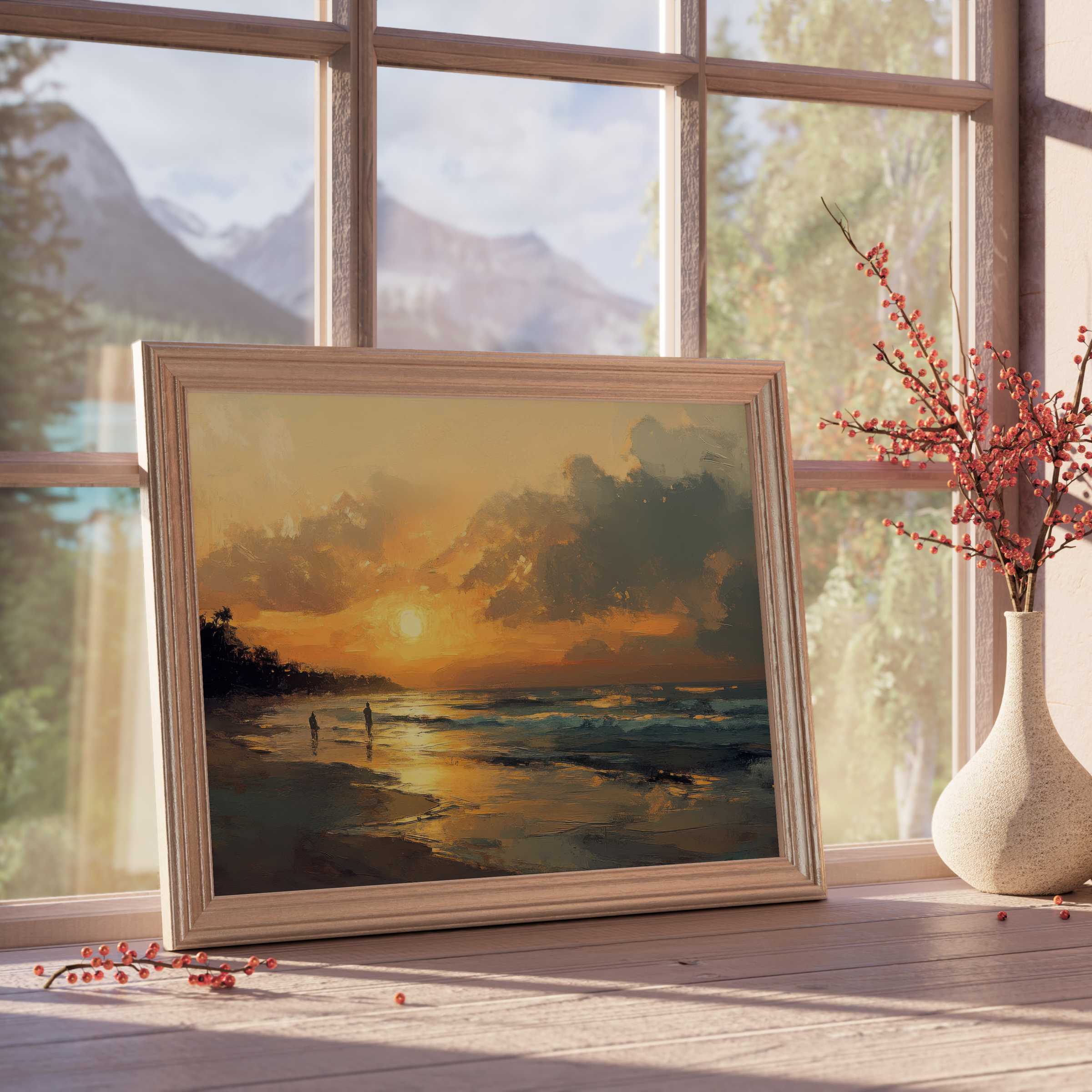 Warm, tranquil summer downloadable art capturing a golden sunset beach scene, enhancing curated, serene interiors with timeless elegance
