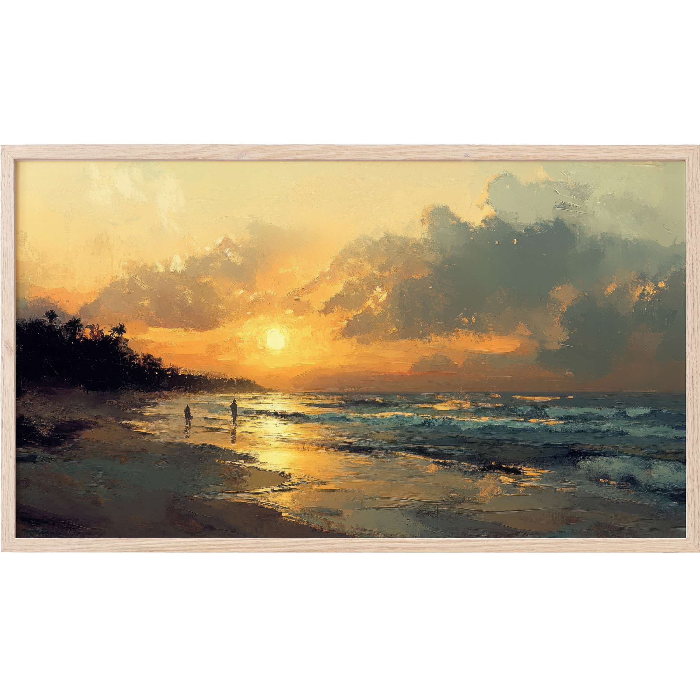 Summer Frame TV Art showing a serene beach sunset with warm golds, cool blues, and impressionist brushstrokes