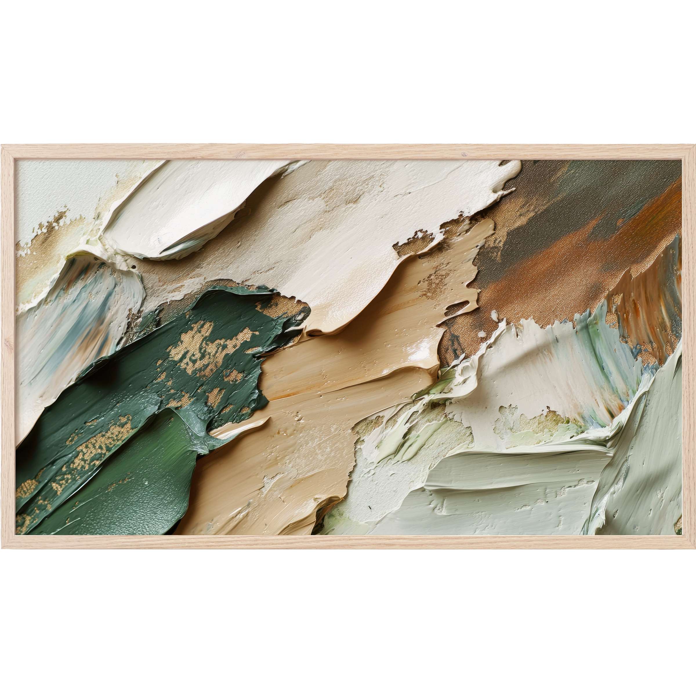 Abstract Frame TV Art with textured brushstrokes in earthy greens, creams, and warm browns for modern sophistication