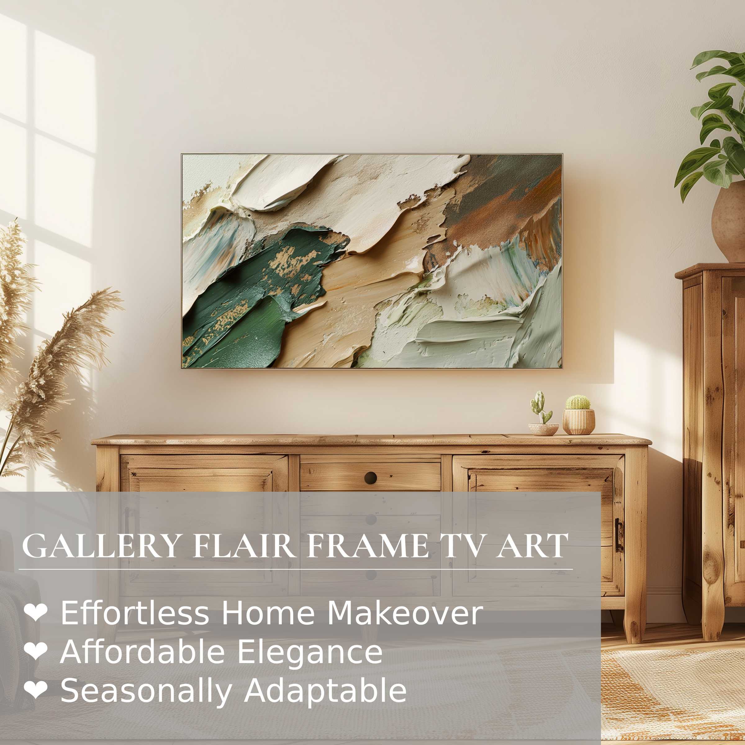 Samsung Frame TV displays refined abstract digital artwork in a sunlit modern room with warm, natural decor accents