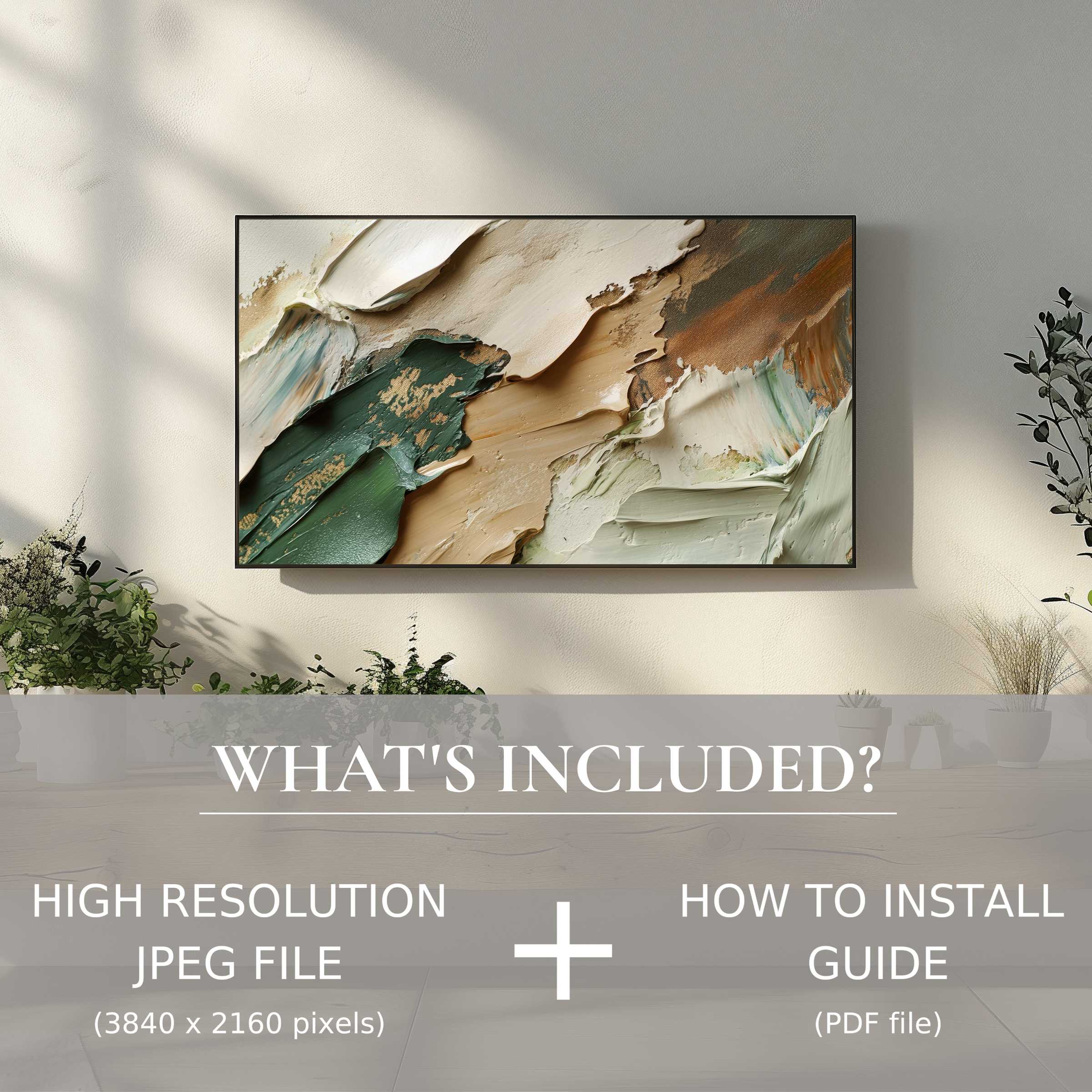 Elegant living room features abstract digital TV art download, easy to use, enhancing modern decor with rich textures