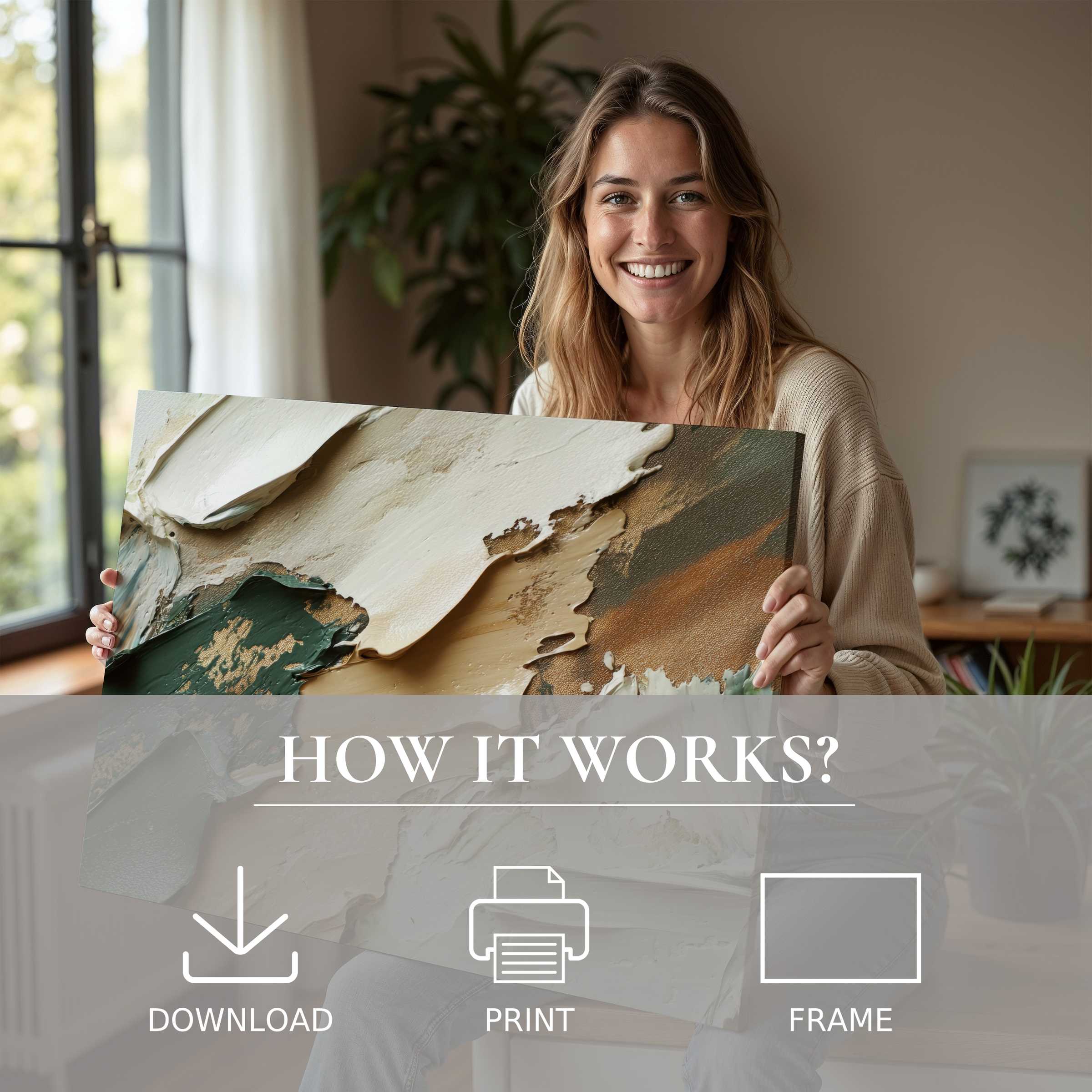 Woman joyfully embracing an abstract digital art print, glowing with warmth in a serene, stylish modern home