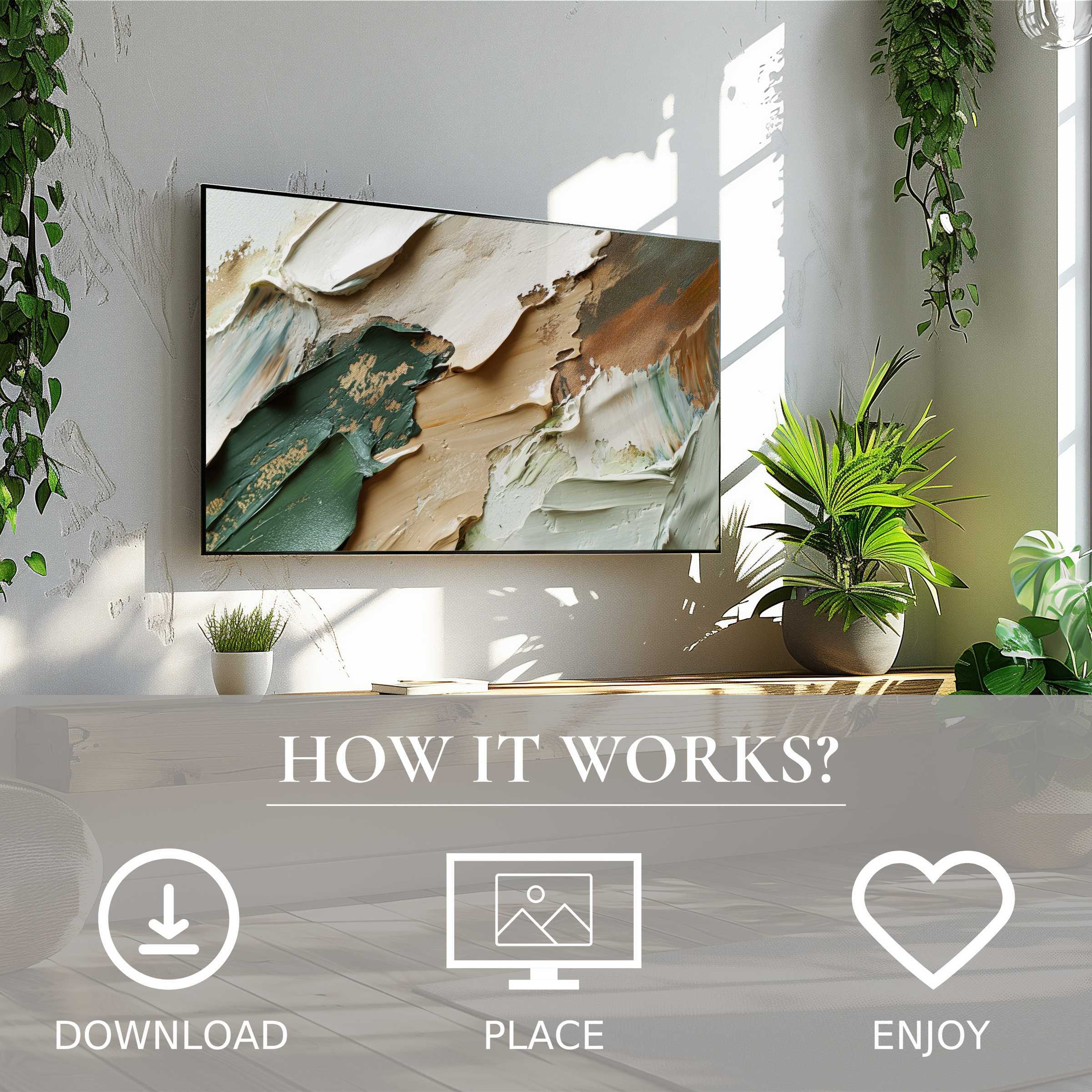Abstract art for Samsung TV with earthy textures; easy digital download enriches modern living spaces effortlessly