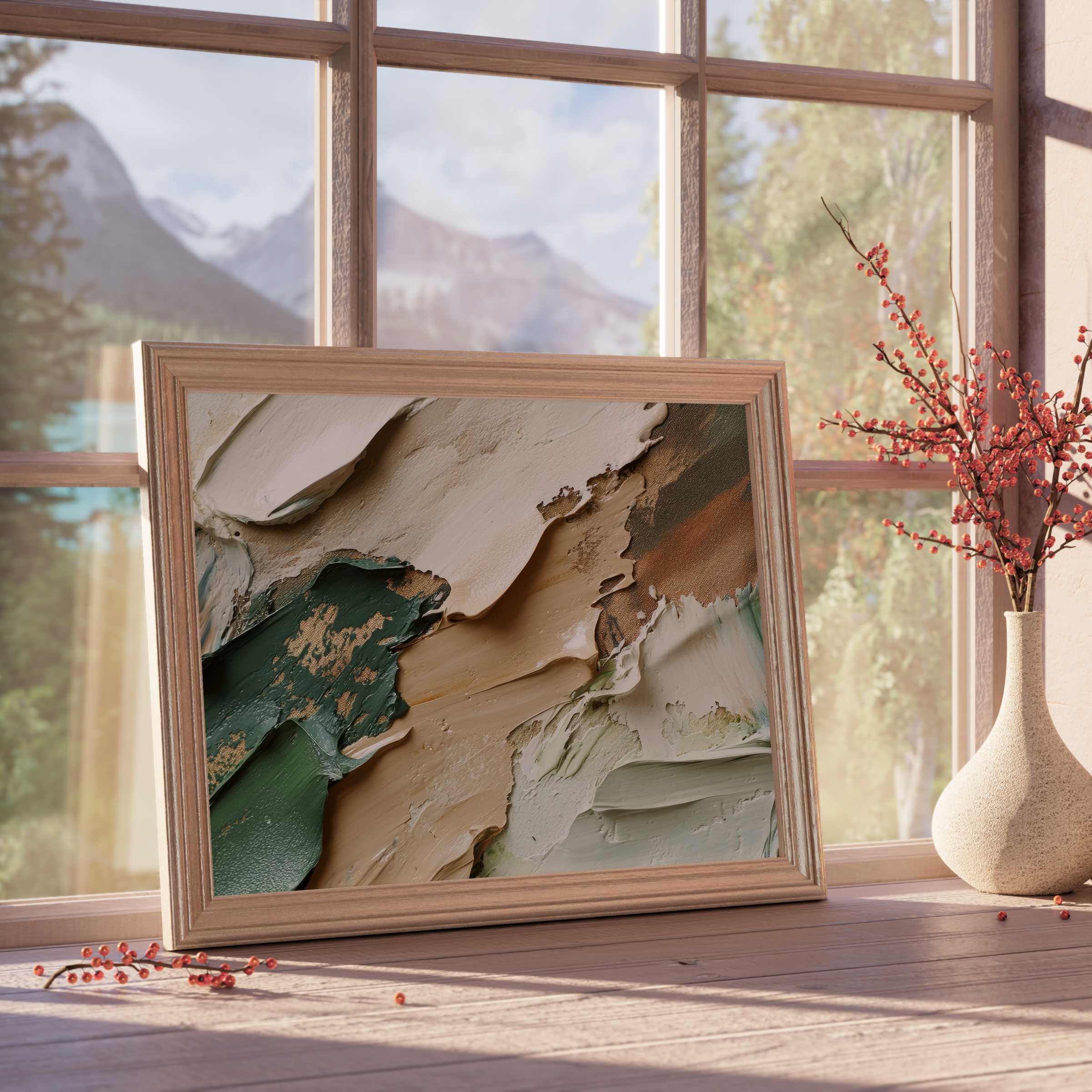 Earth-toned abstract downloadable art framed in light wood, evoking calm and textured elegance for serene, curated interiors