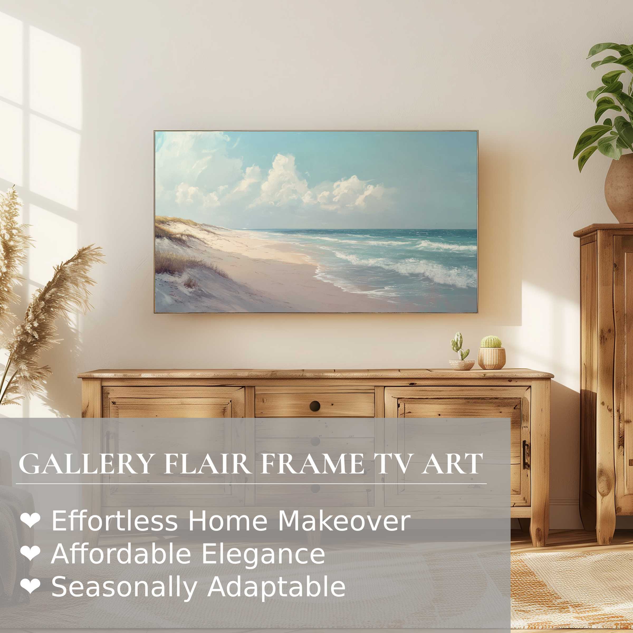 Samsung Frame TV displays serene coastal landscape digital artwork, enhancing modern, elegant home decor settings