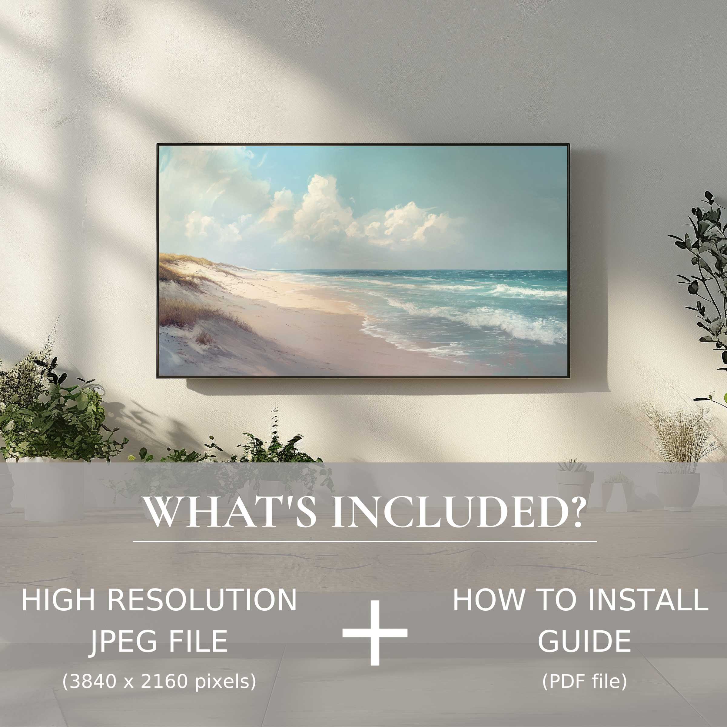 Elegant landscape digital TV art download enhances modern living space with easy digital use and serene coastal view