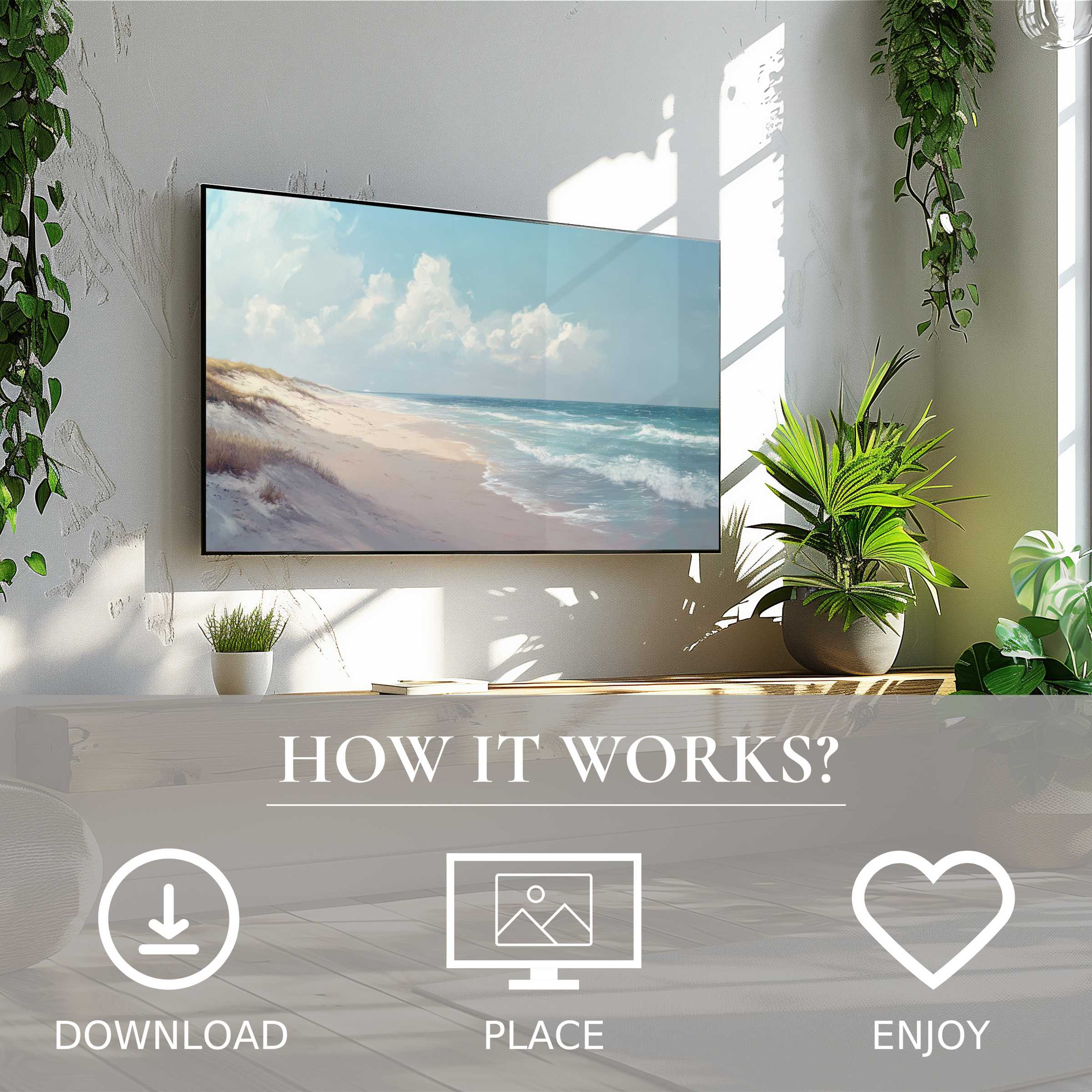 Modern living room with easy digital download landscape art for Samsung TV showing serene beach tones enriching space