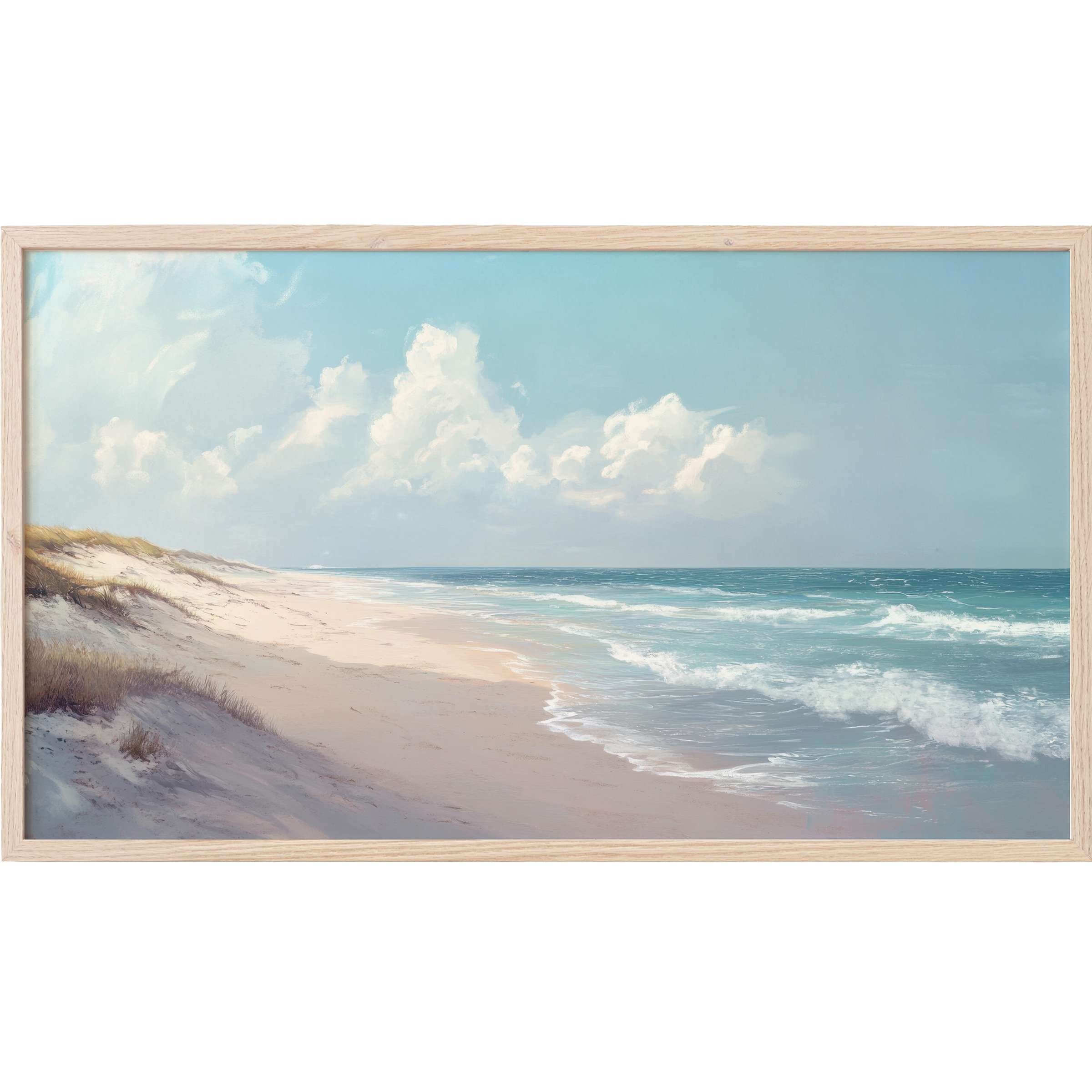 Tranquil beach scene in soft blues and sandy tones, perfect landscape Frame TV Art for refined coastal interiors