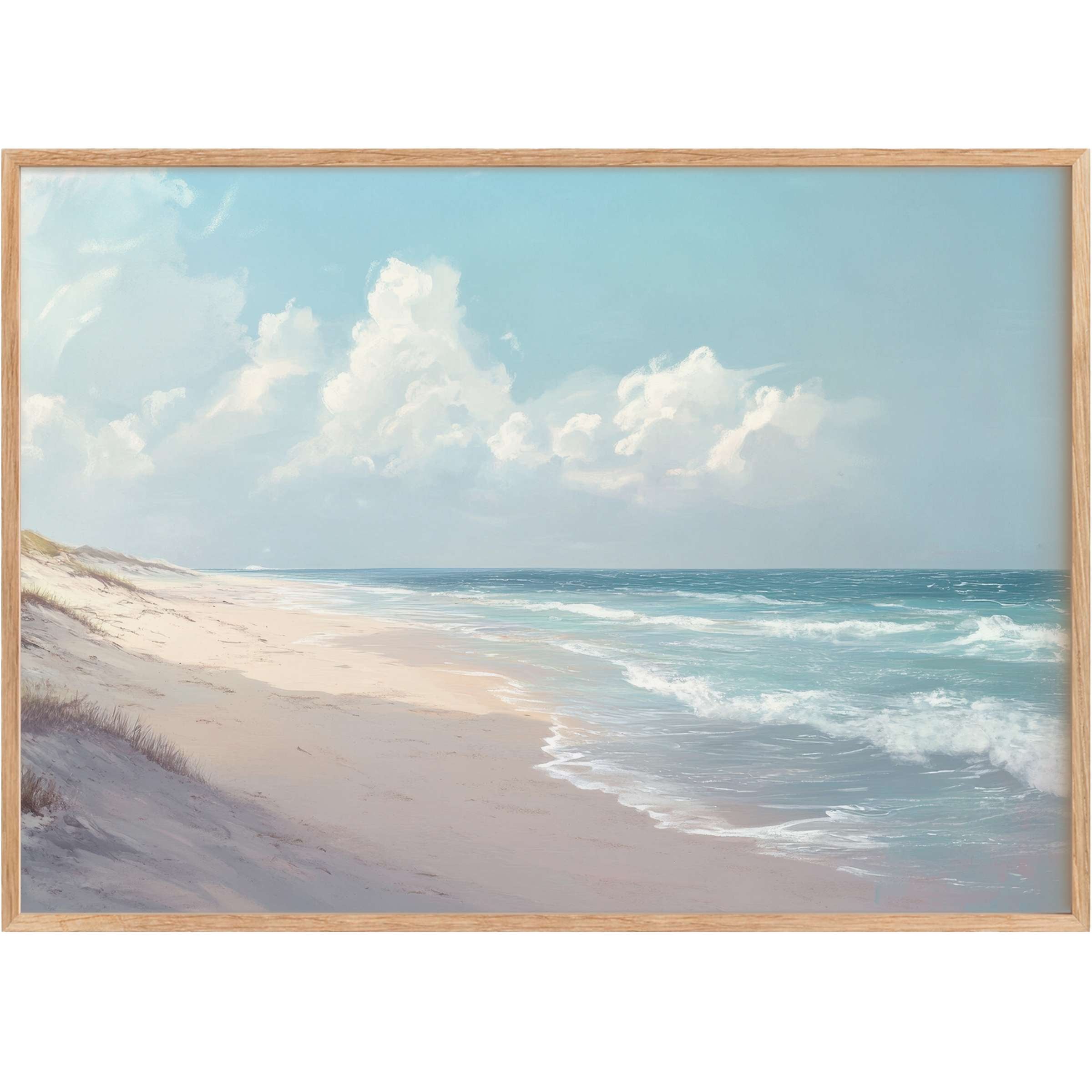 Tranquil coastal scene in soft blues and sandy neutrals, a landscape printable wall art that invites serene, airy elegance