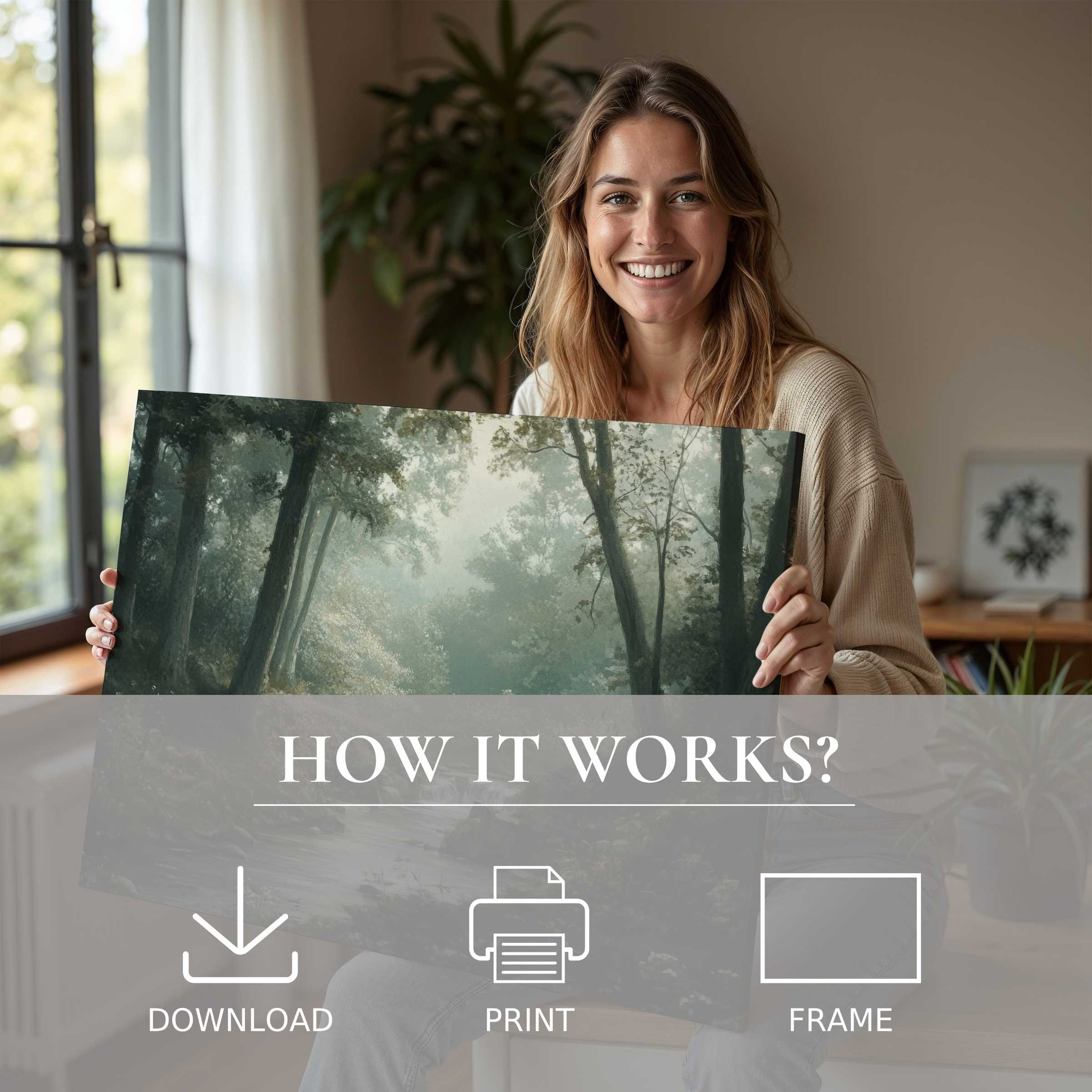 A serene moment of joy in a modern home, embracing vintage digital art print’s effortless beauty and timeless connection