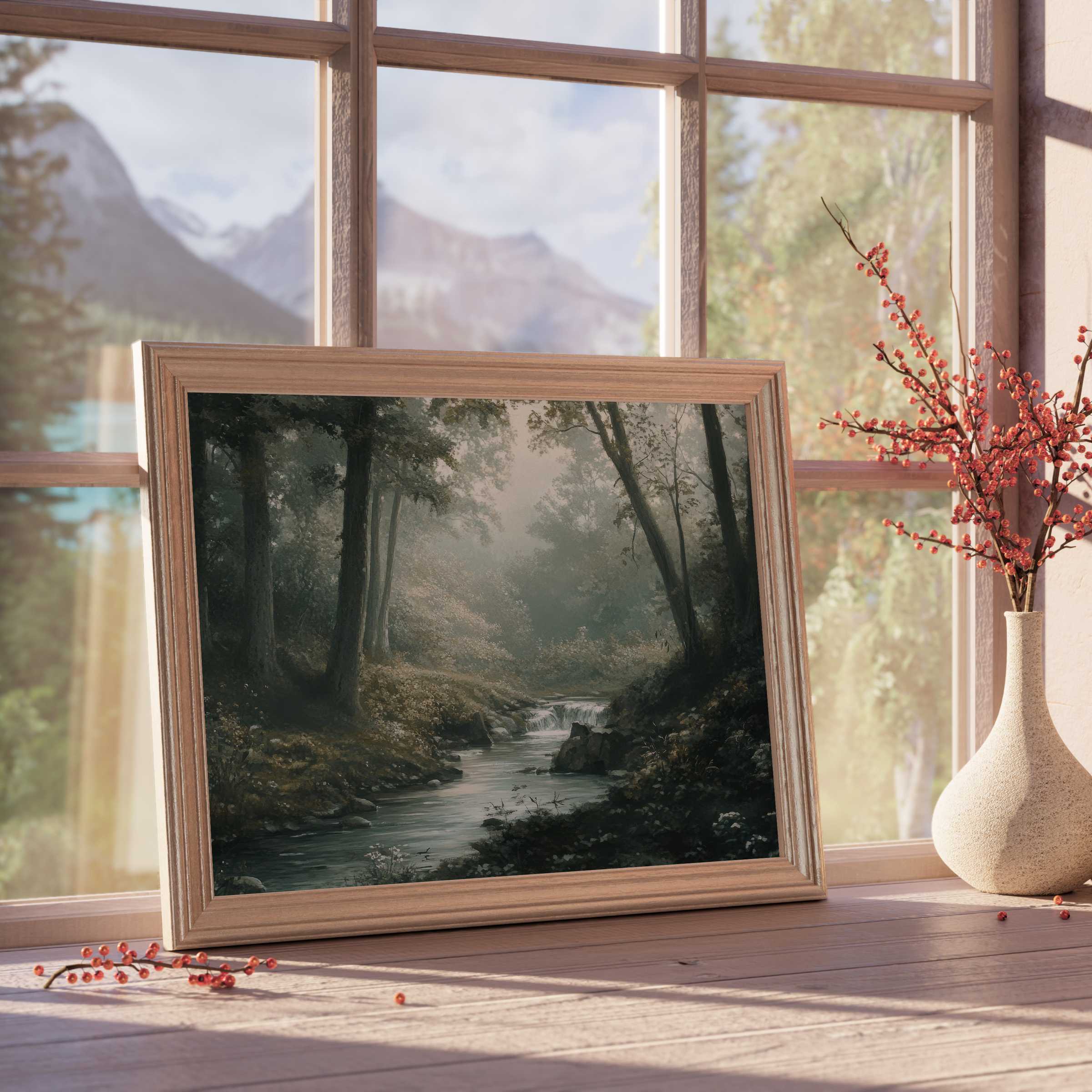 Vintage downloadable art captures a tranquil forest stream, infusing elegant interiors with serene, curated calm and timeless charm