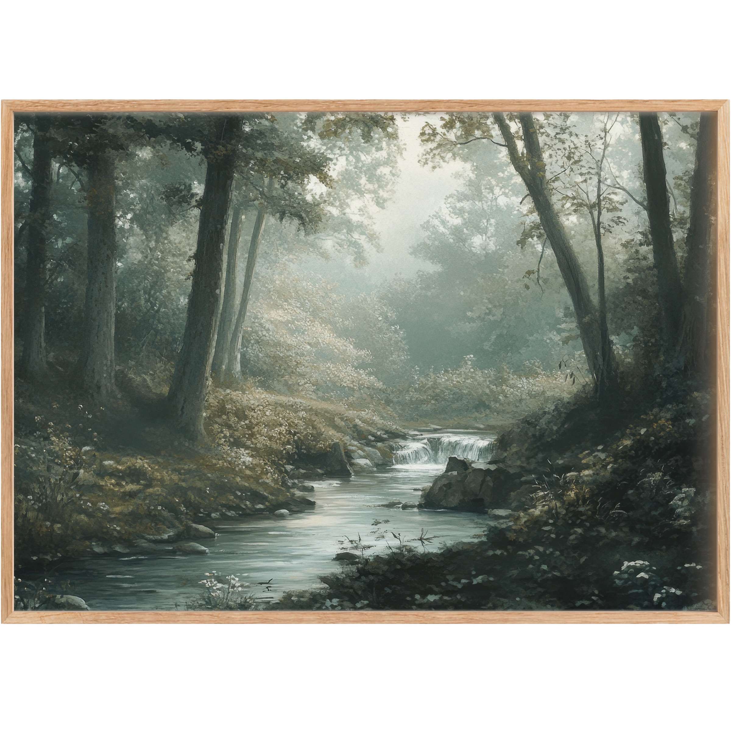 Vintage printable wall art captures a tranquil forest stream in muted greens and soft grays, infusing interiors with serene, timeless elegance