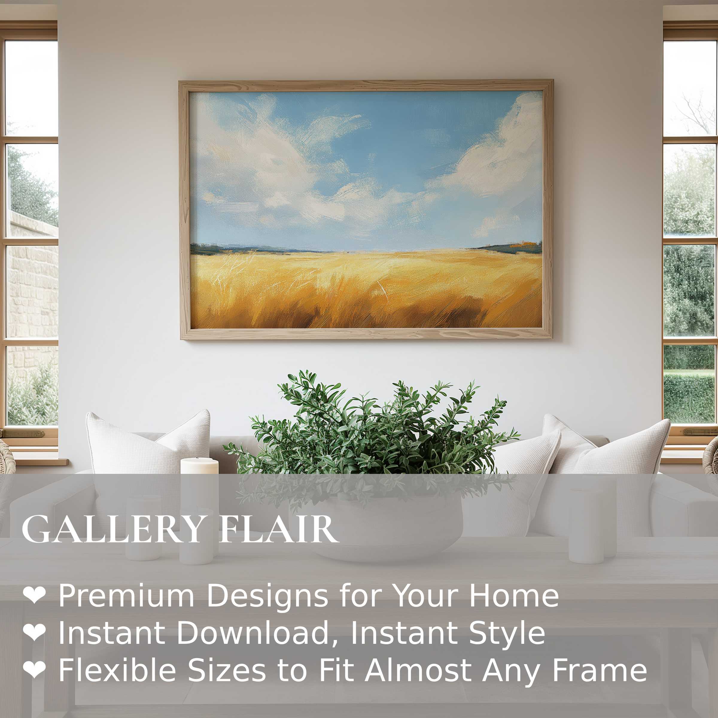 Farmhouse wall art print featuring a radiant golden field under soft blue skies, enhancing serene modern rustic interiors