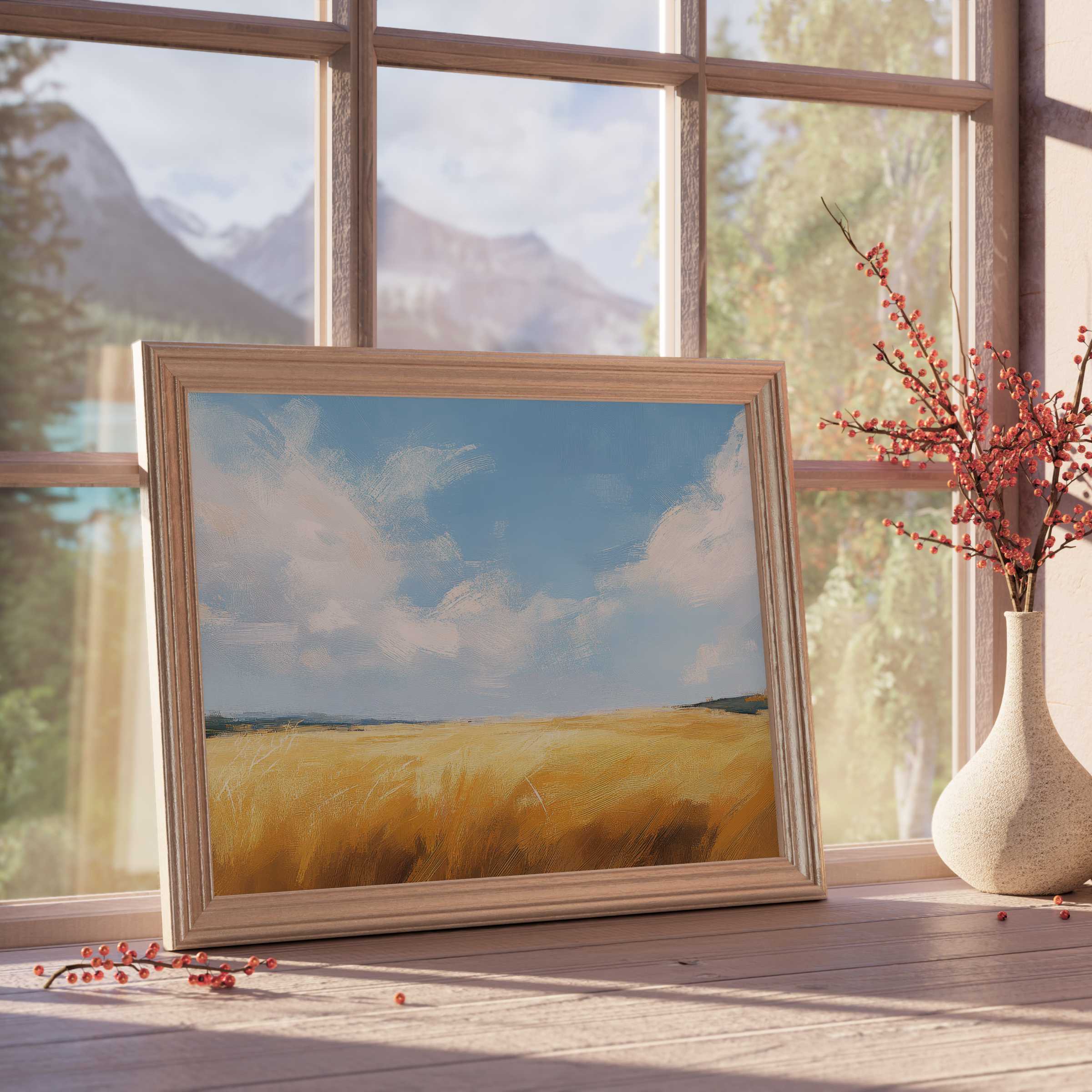 Warm farmhouse downloadable art capturing golden fields beneath serene blue skies, perfect for elevating calm, curated interiors