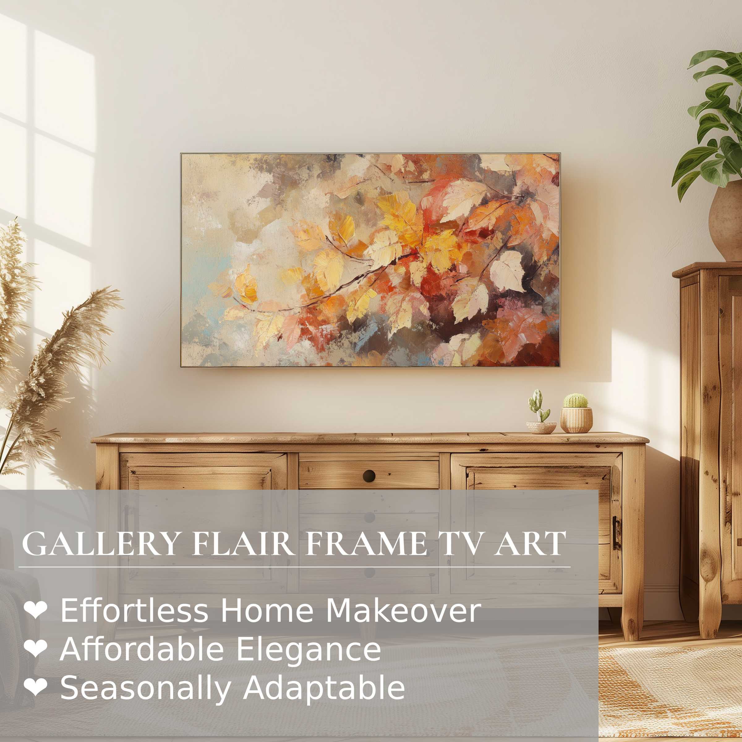 Samsung Frame TV displays warm, textured botanical digital artwork in a modern, serene living space with natural wood decor