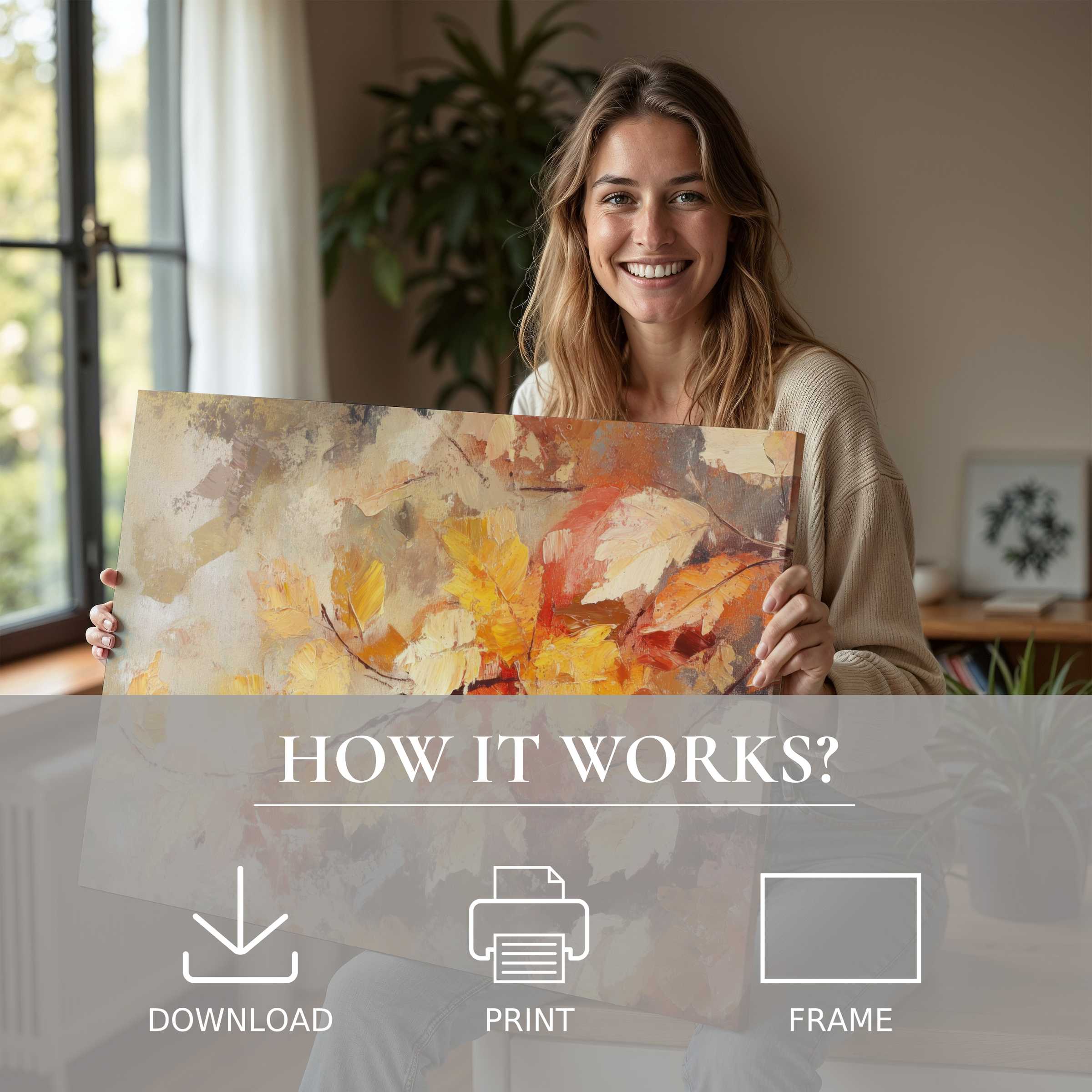 Radiant joy illuminates a modern home as botanical digital art print in warm autumn hues transforms the space with effortless elegance