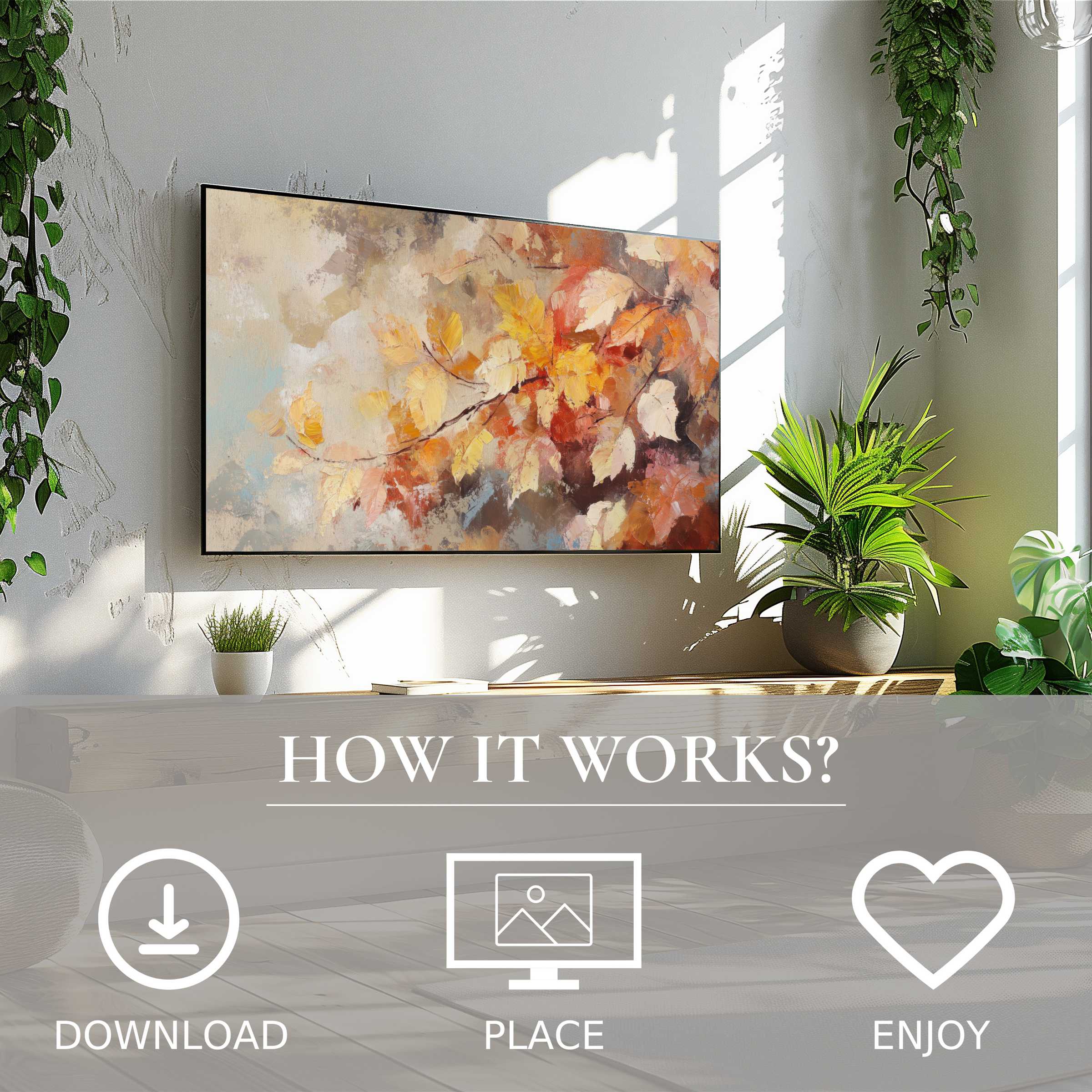 Botanical art for Samsung TV: easy digital download with warm autumn leaves motif enriching bright modern living room