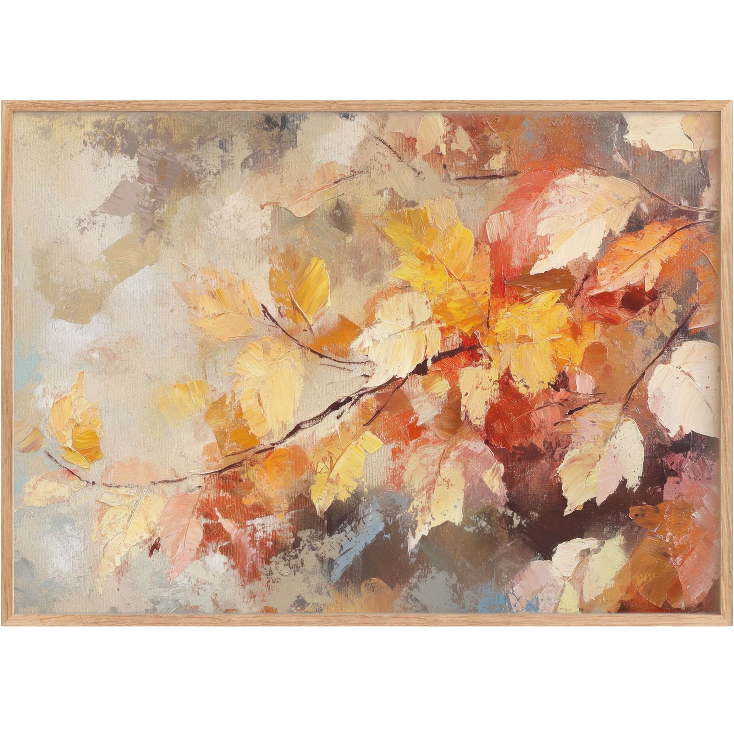 Botanical printable wall art with warm amber and ochre tones evokes a radiant, inviting autumnal ambiance