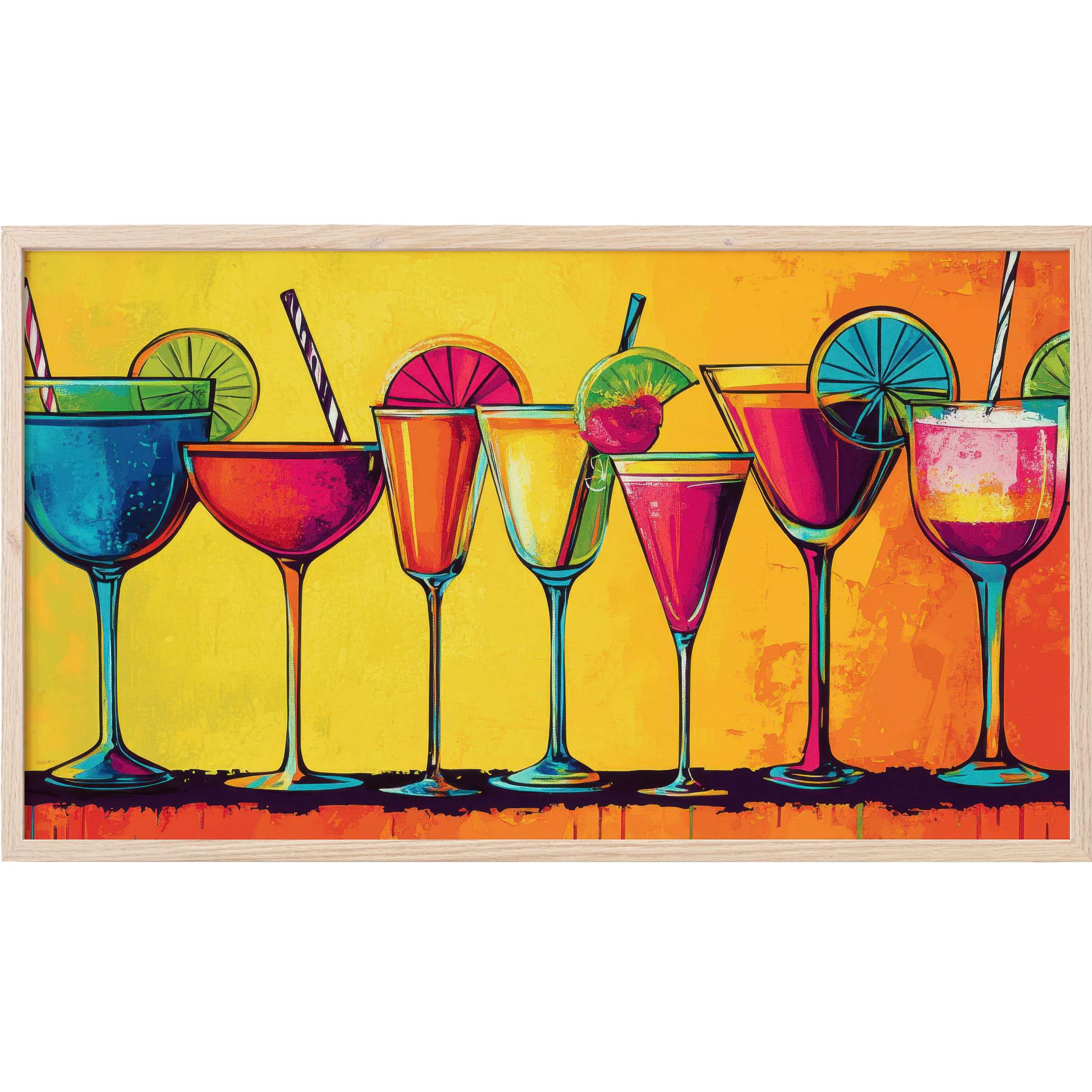 Vibrant pop art Frame TV Art featuring colorful cocktail glasses against a bold yellow and orange backdrop