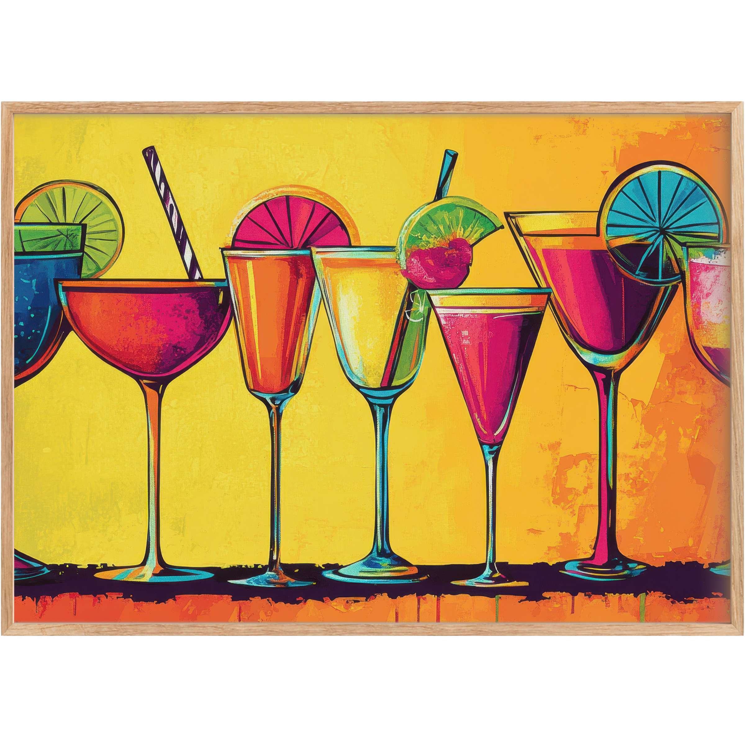 Vibrant pop art printable wall art featuring colorful cocktails against a sunny yellow backdrop, radiating energetic sophistication